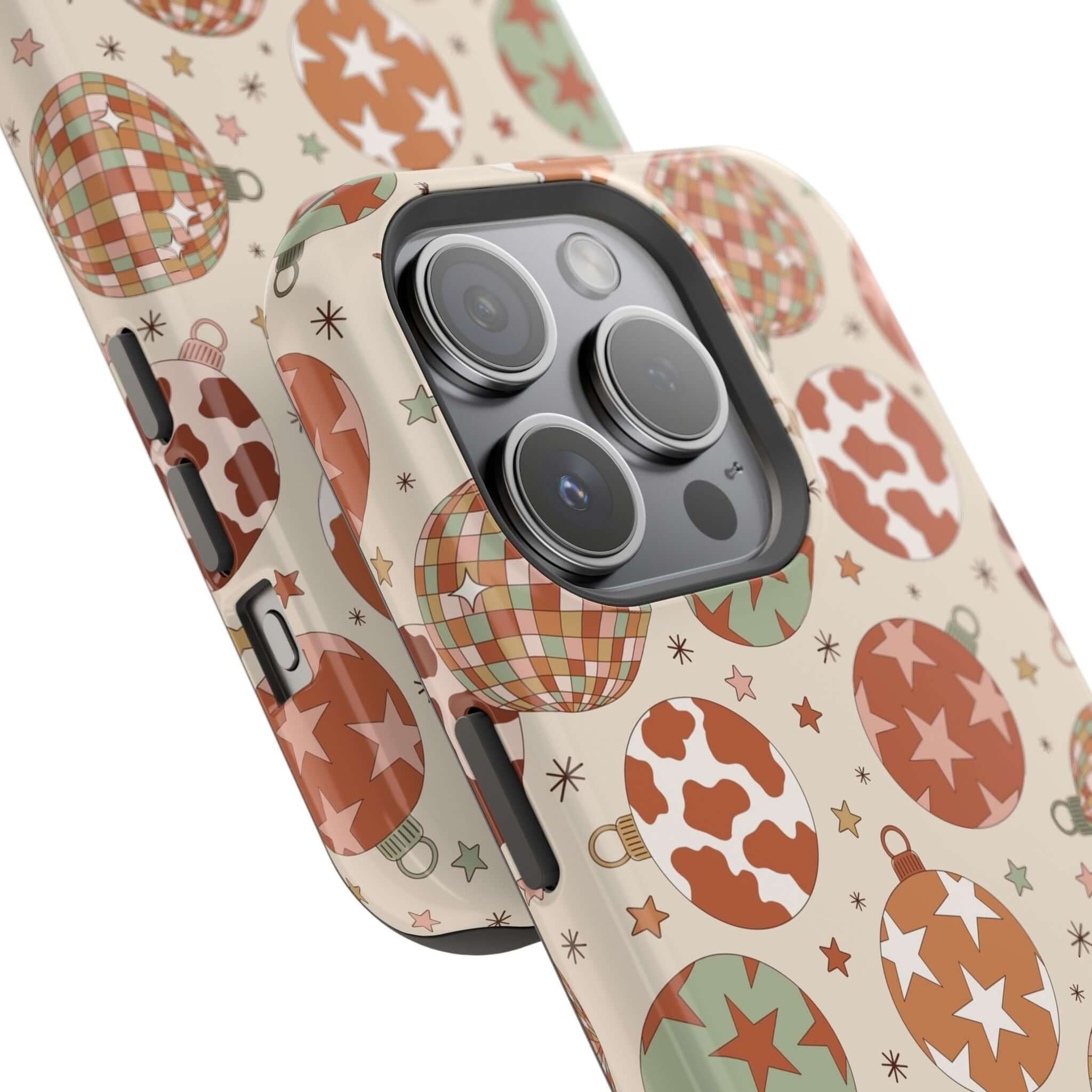 Festive western print MagSafe case with Christmas ornaments, perfect holiday gift for cowgirls and Christmas lovers.