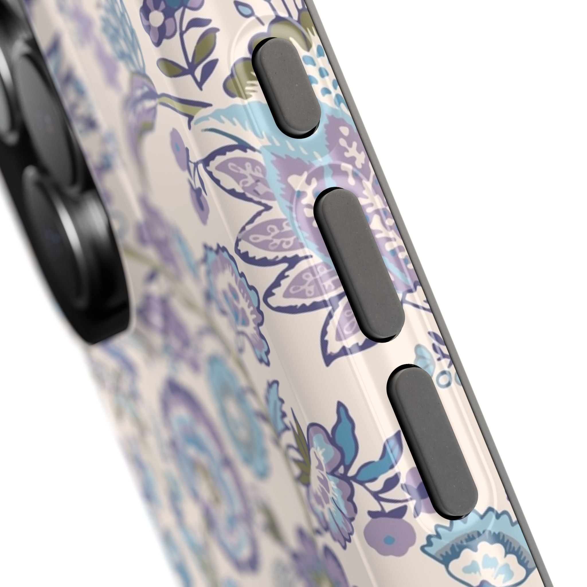 Blue CottageCore floral MagSafe iPhone case close-up, showcasing a cute and whimsical phone cover design.