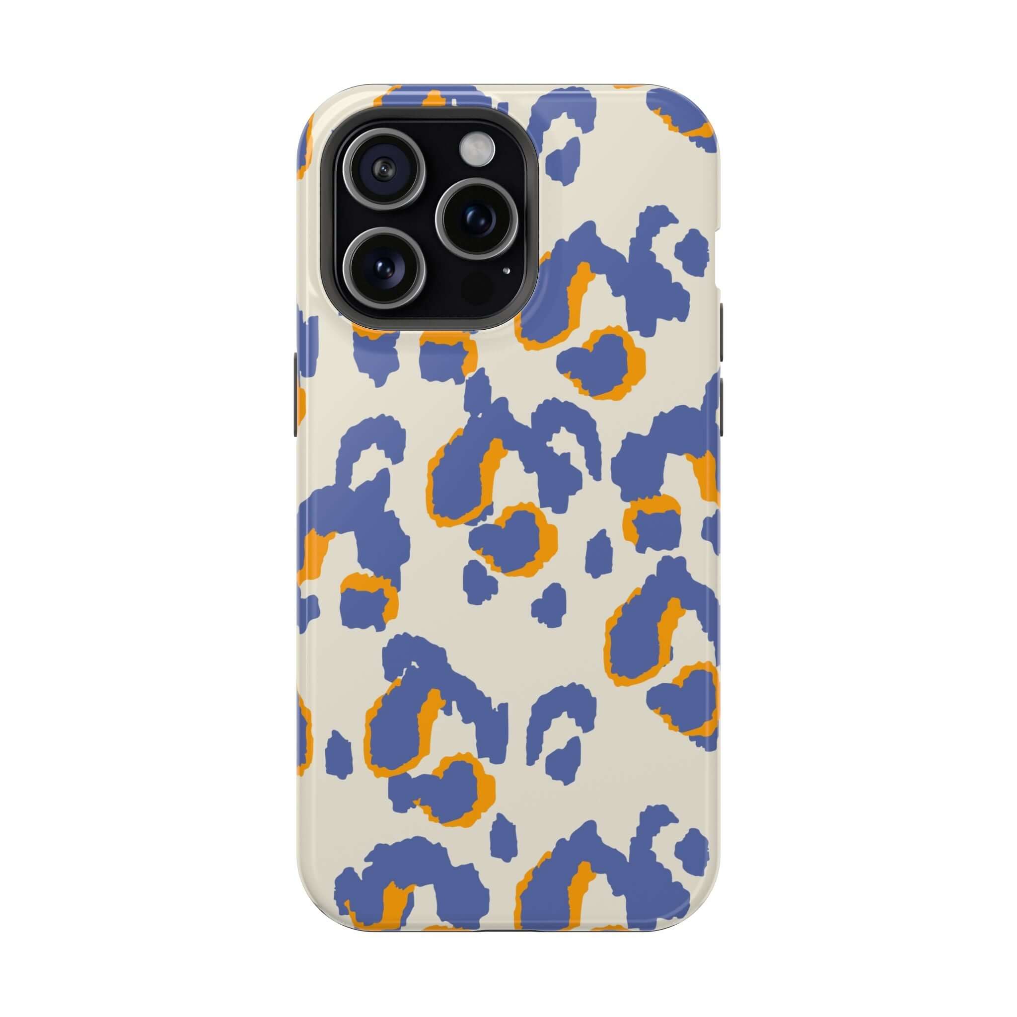 Blue leopard print colorful iPhone case, Safari Blaze design, cute and abstract MagSafe phone case with a wild twist.