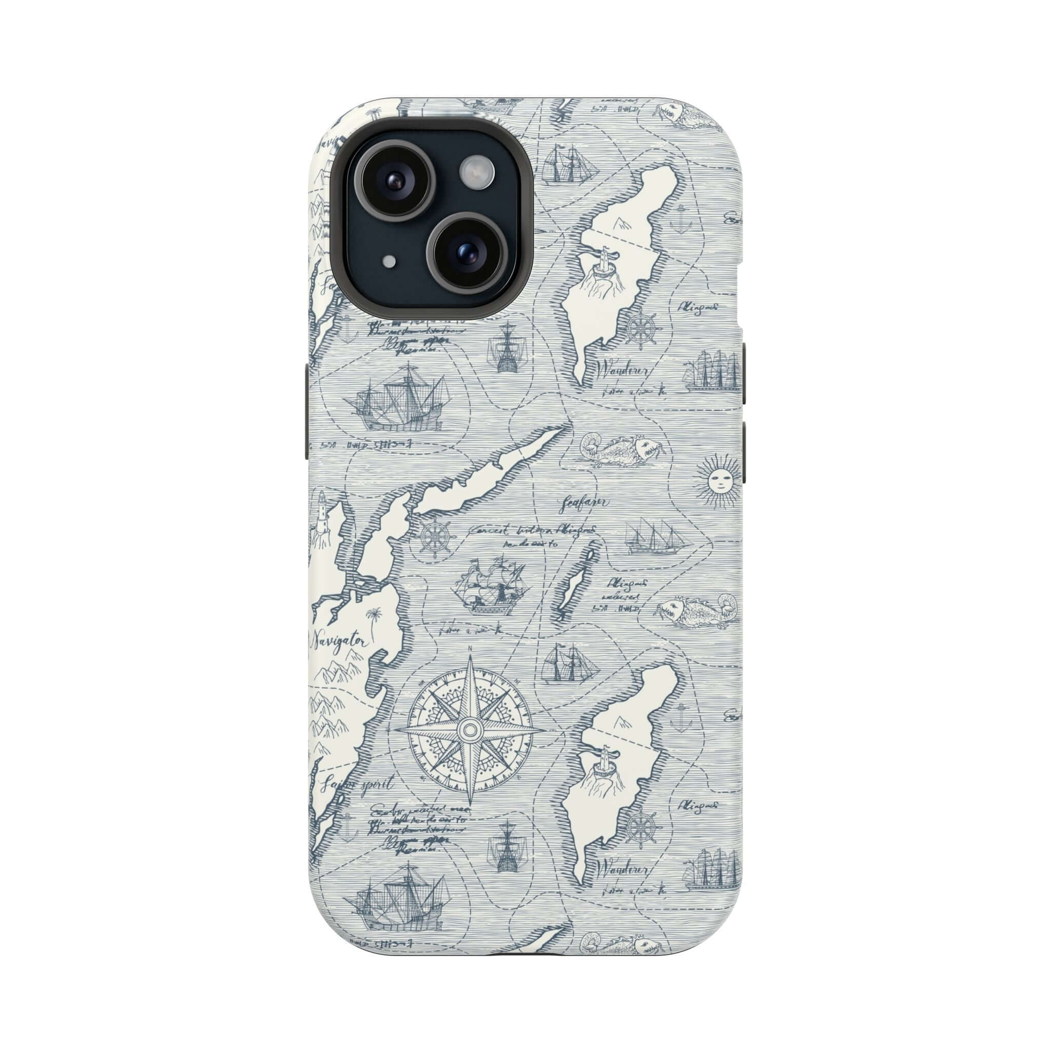 Teal Pirates Passageway phone case with MagSafe for iPhone 14 Pro Max, featuring a detailed nautical map design.