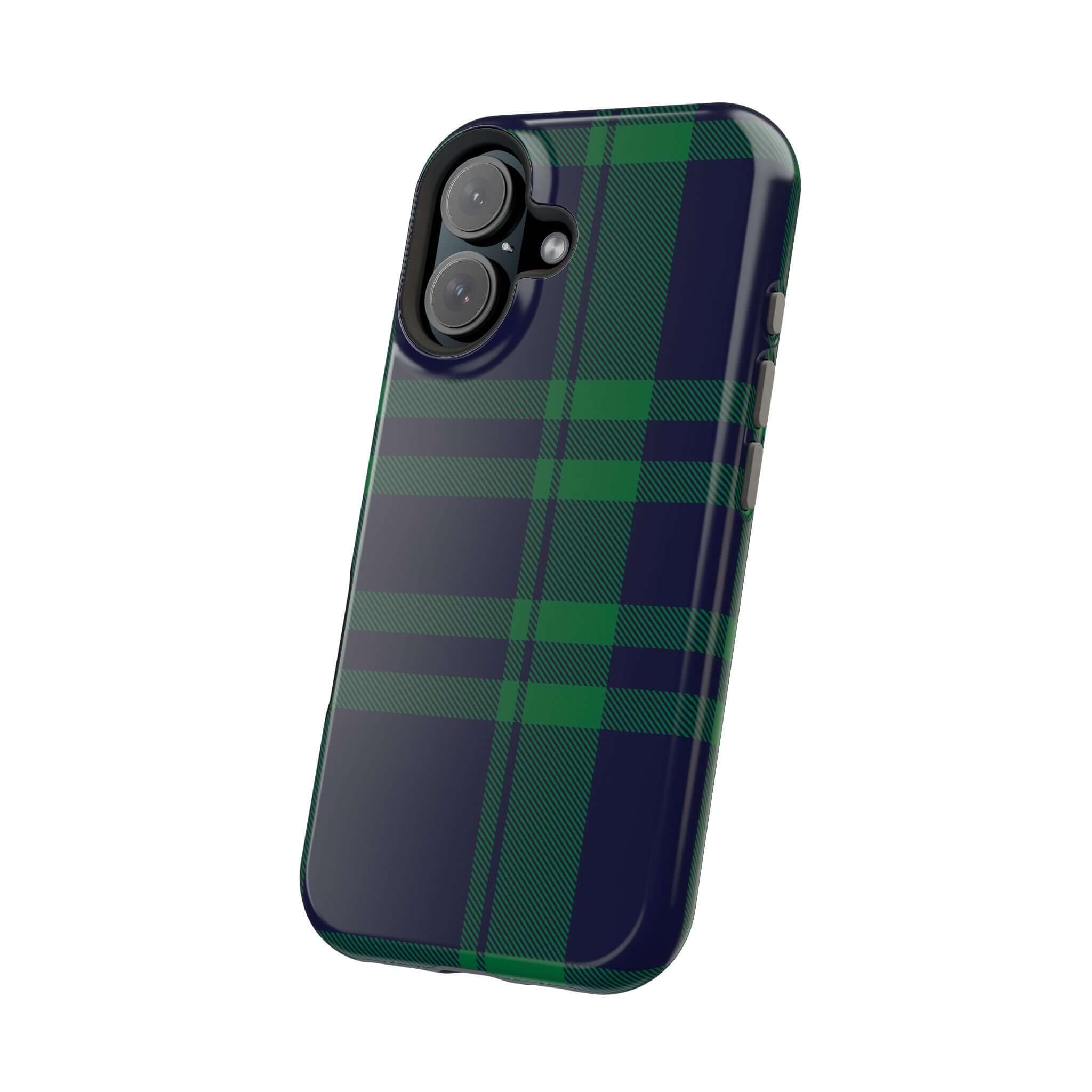 Mistletoe Plaid MagSafe Case featuring a festive green and navy plaid design, perfect for holiday cheer and phone protection.