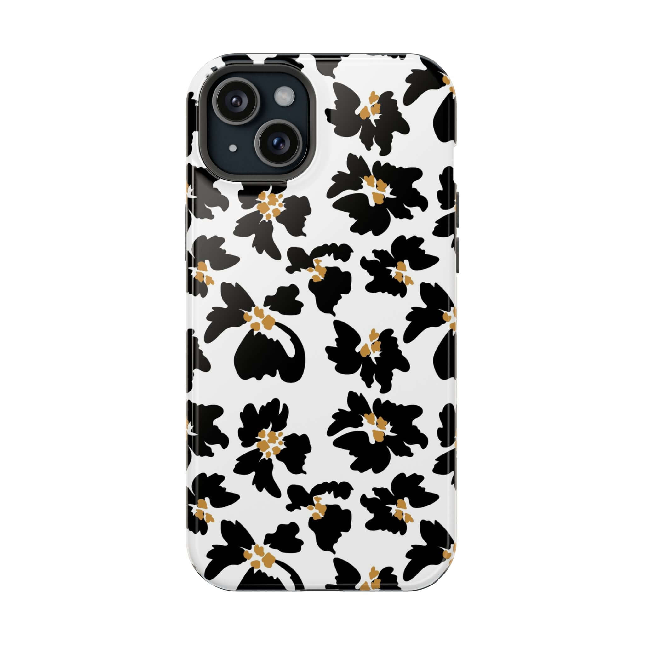 Stylish Noir Flora Black Floral Modern Phone Case with Cute Magsafe Compatibility and Unique Animal Print Design for iPhone.