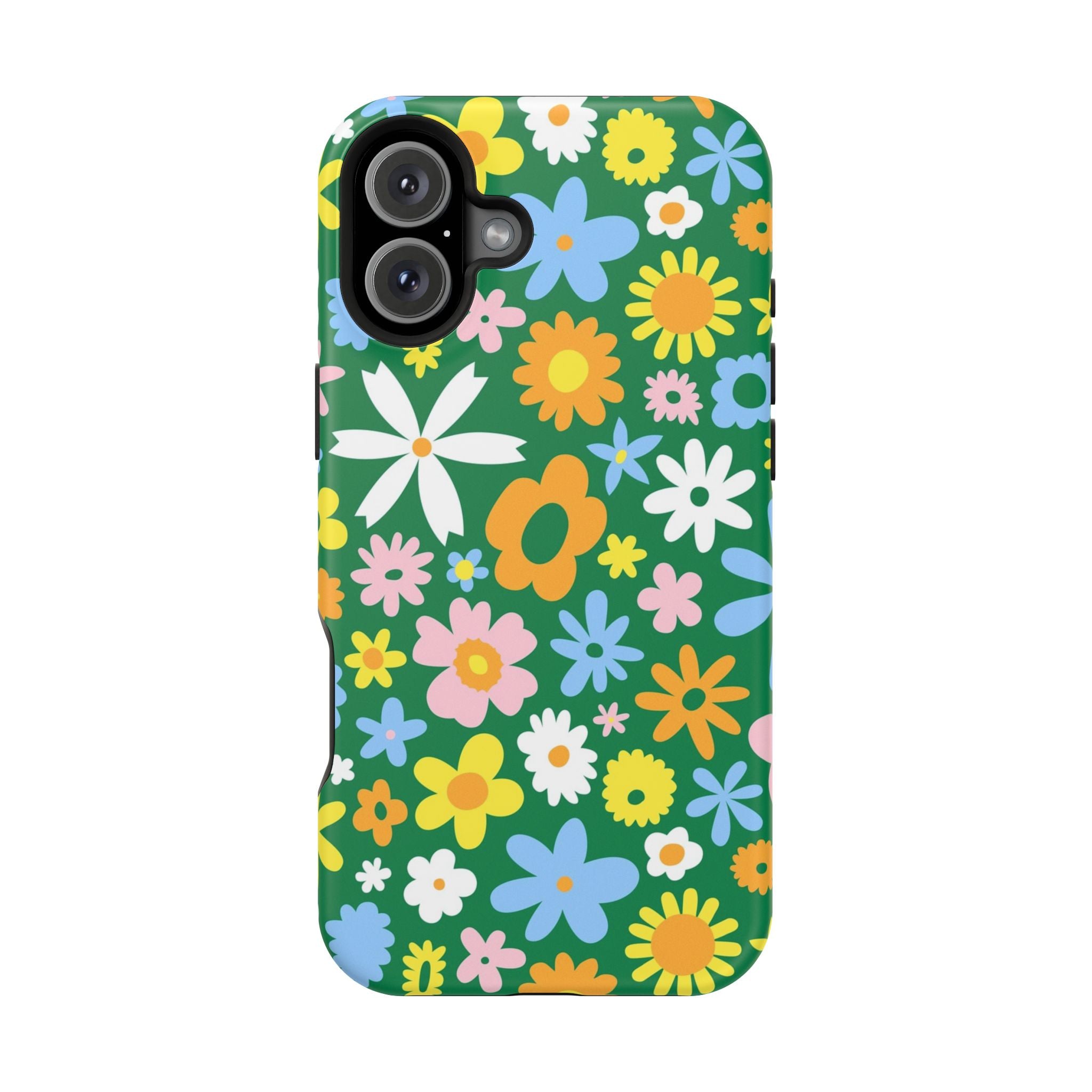 Vibrant green floral MagSafe iPhone case with playful hippie design, colorful flowers; a cute phone cover for a quirky style.