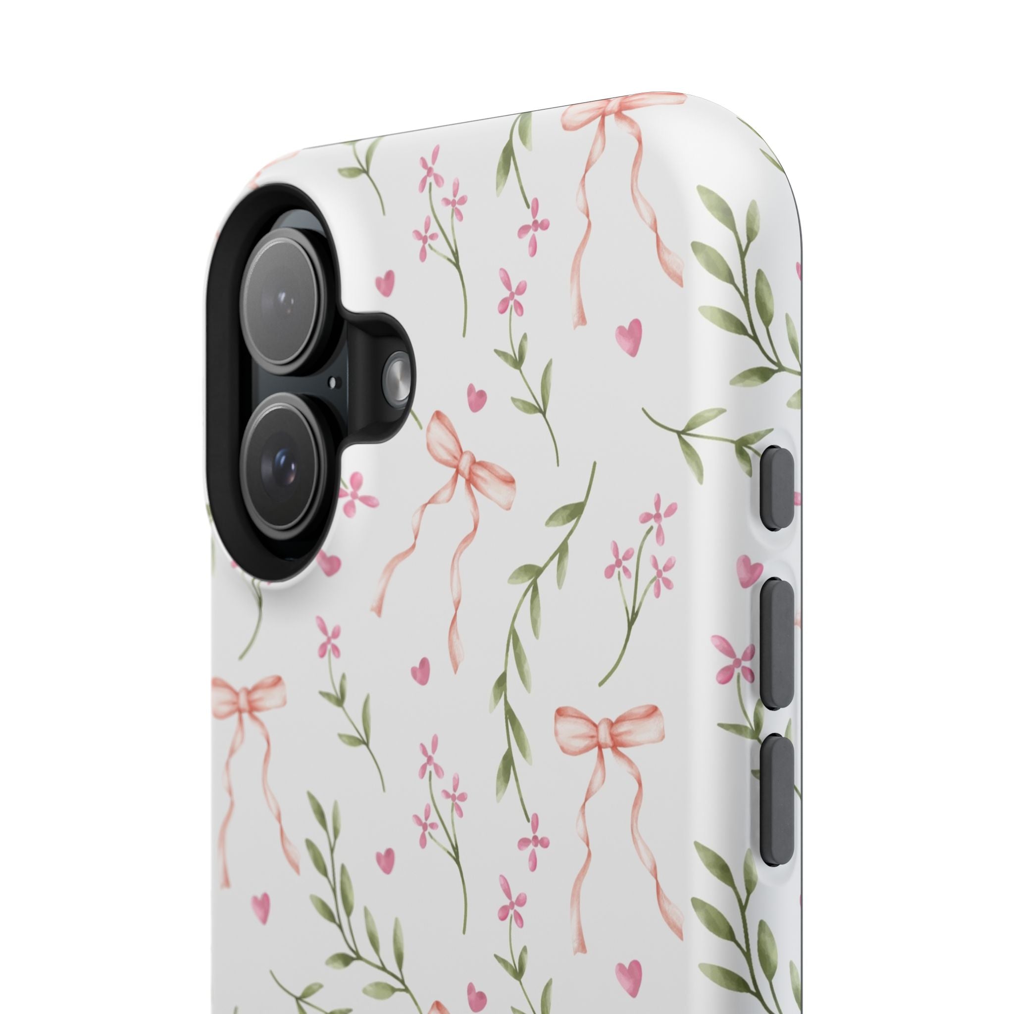 Darling Daydream Pink Coquette MagSafe iPhone case with floral print, bows, and whimsical pink accents. Cute and stylish phone cover.