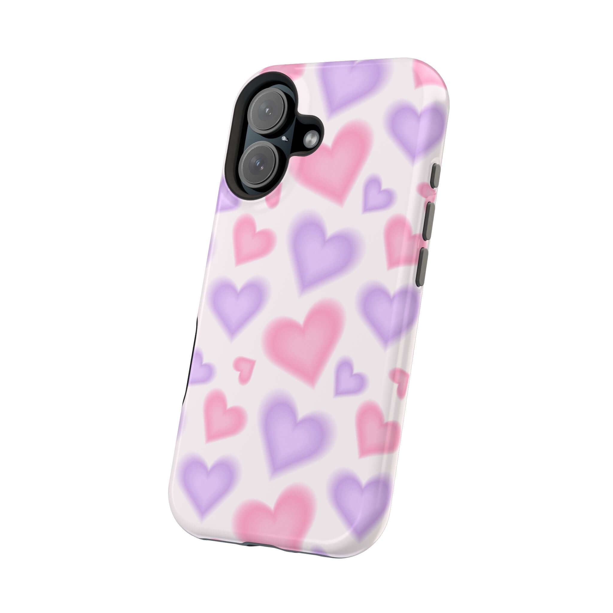 Cute phone cover with pink and purple hearts, perfect for adding a fun touch to your Apple iPhone case.