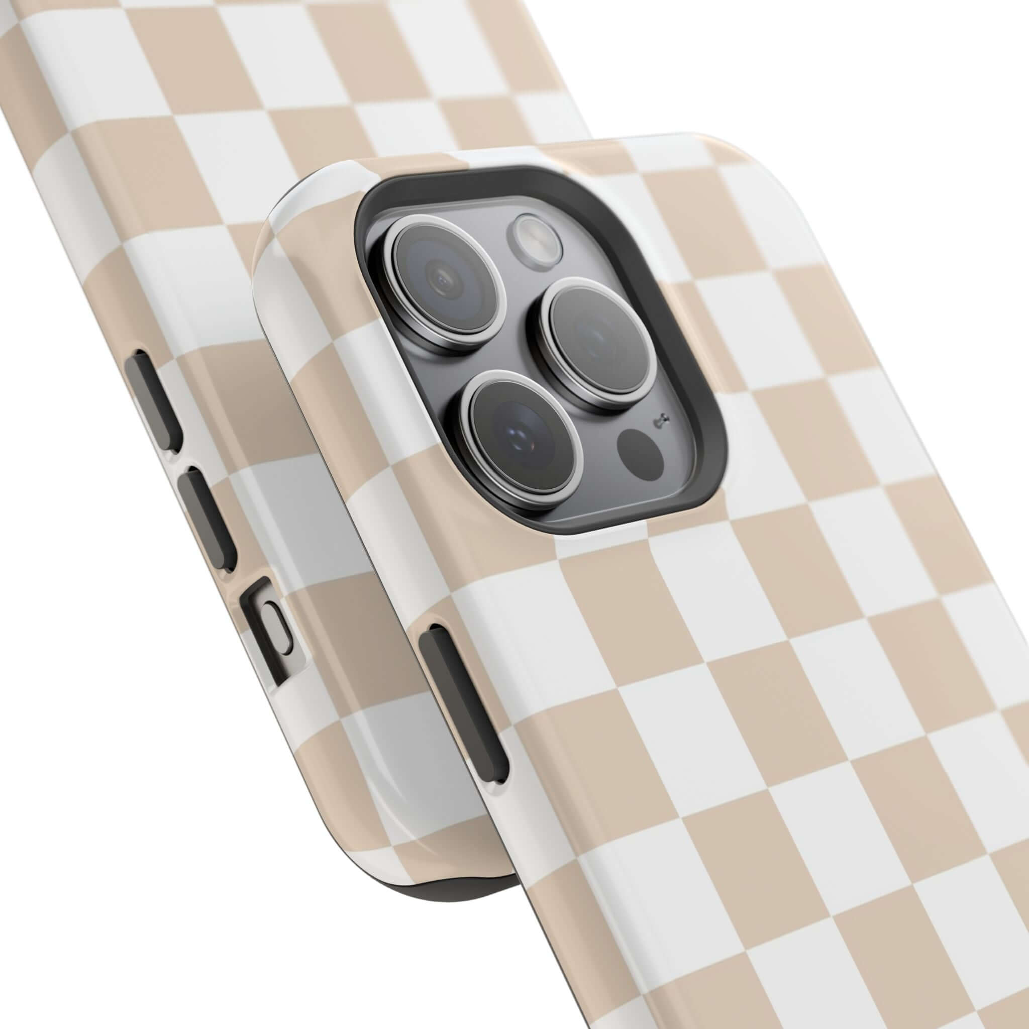 Cute beige checkered MagSafe iPhone 16 case, playful design, cream color, protective phone case, stylish and trendy accessory.