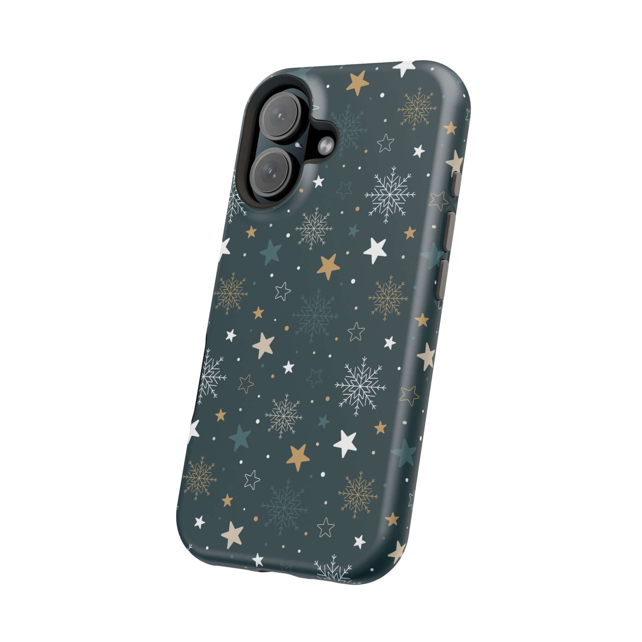 Festive MagSafe phone case with snowflake and star design, perfect Christmas and holiday accessory for secure charging.