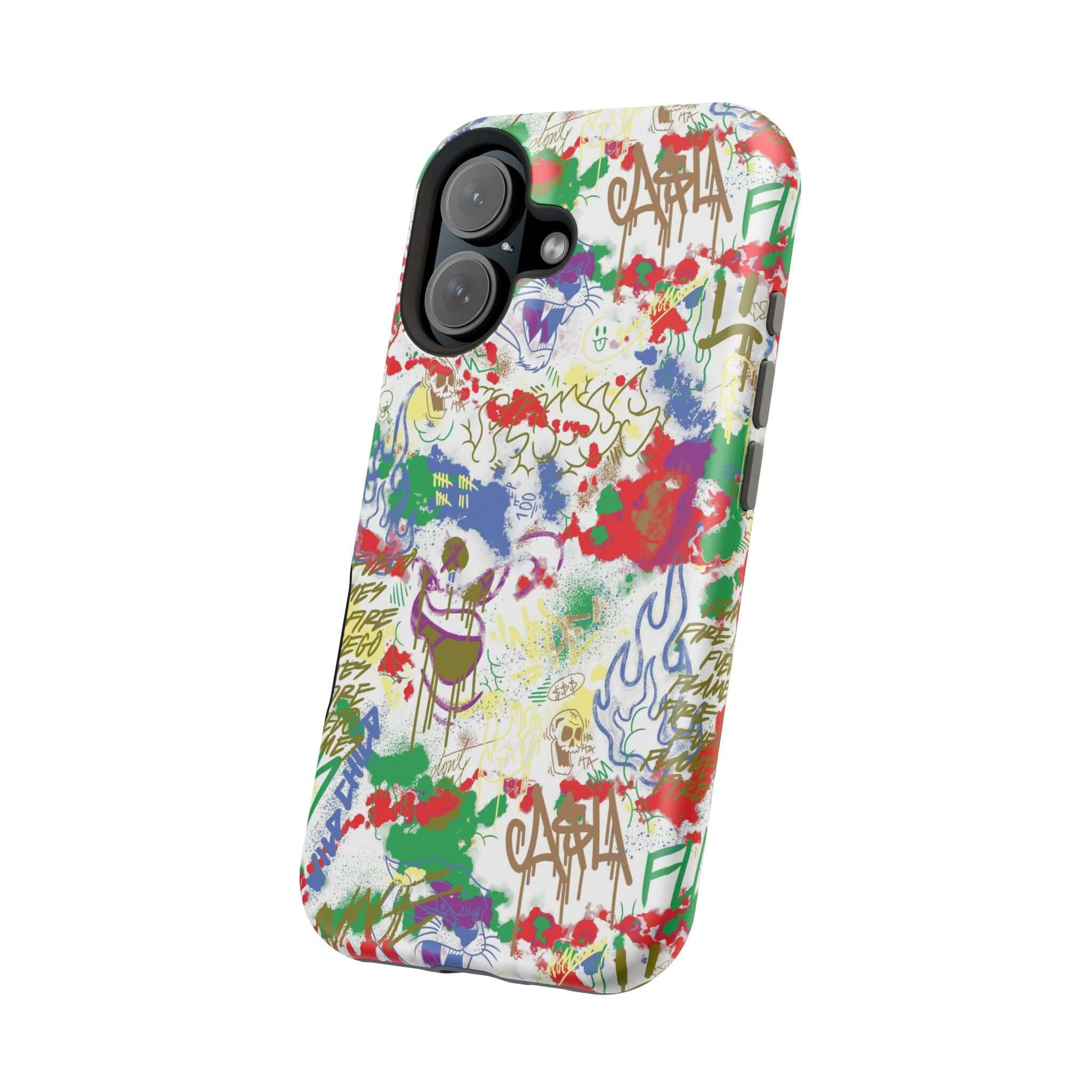 Colorful graffiti phone case for iPhone, featuring vibrant street art design and MagSafe technology. Cute phone cover!