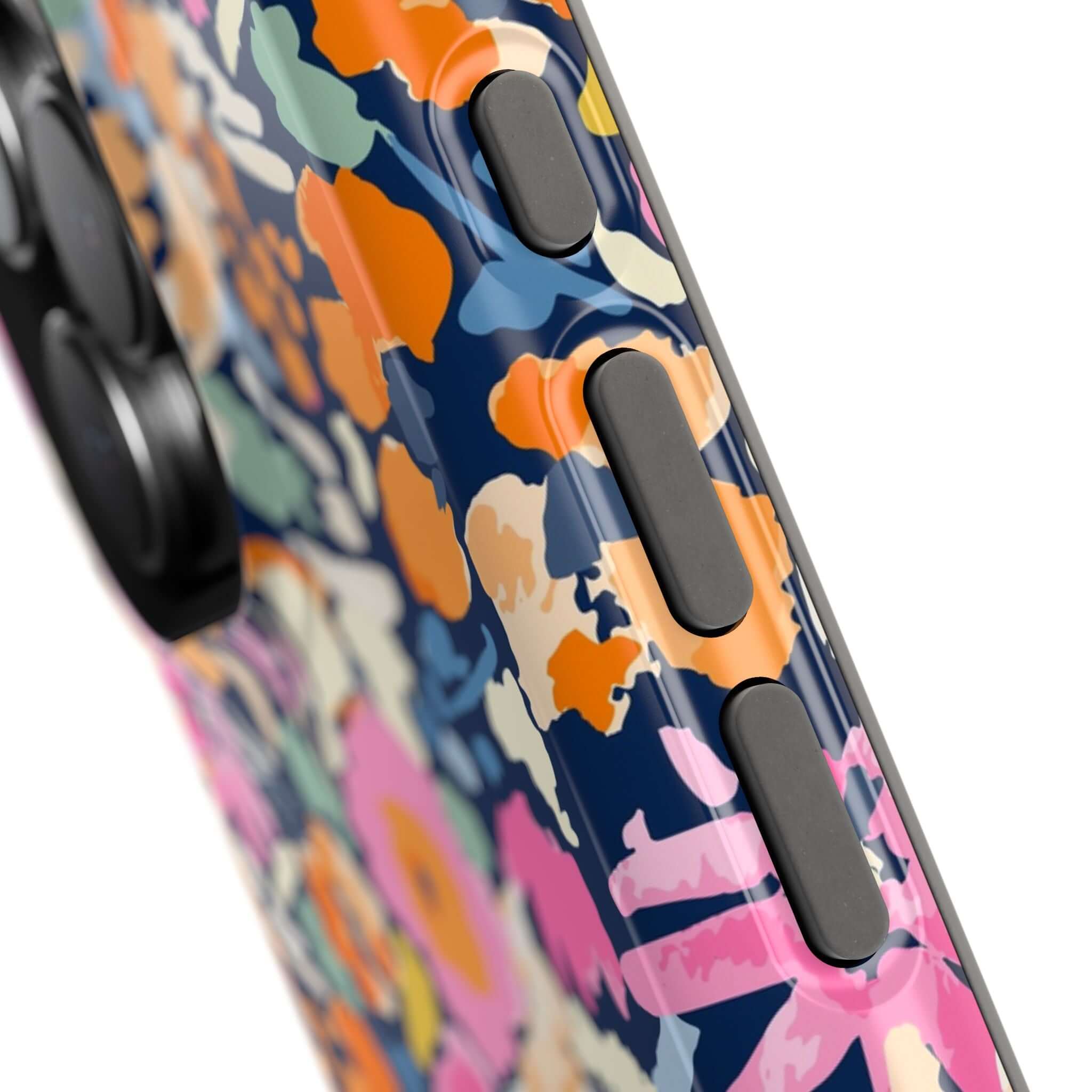 Close-up of colorful floral Botanic Burst phone case for iPhone, showcasing Cute MagSafe design and protective features