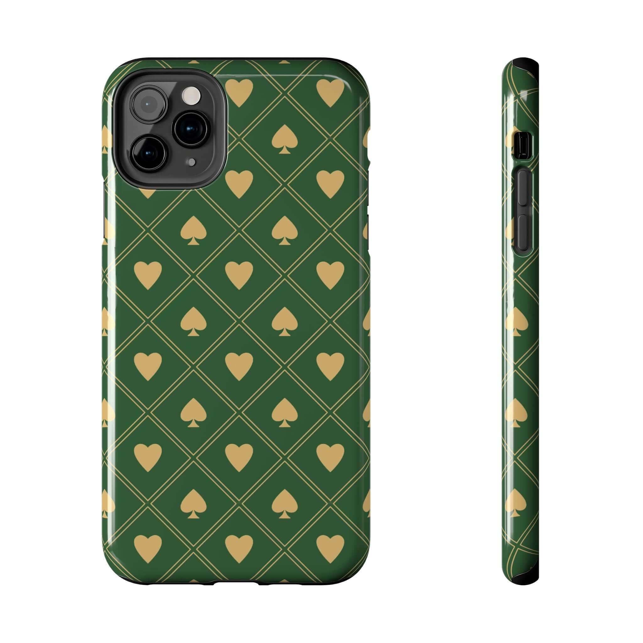 Green Royal Flush phone case with spade and heart design for iPhone and Samsung models.