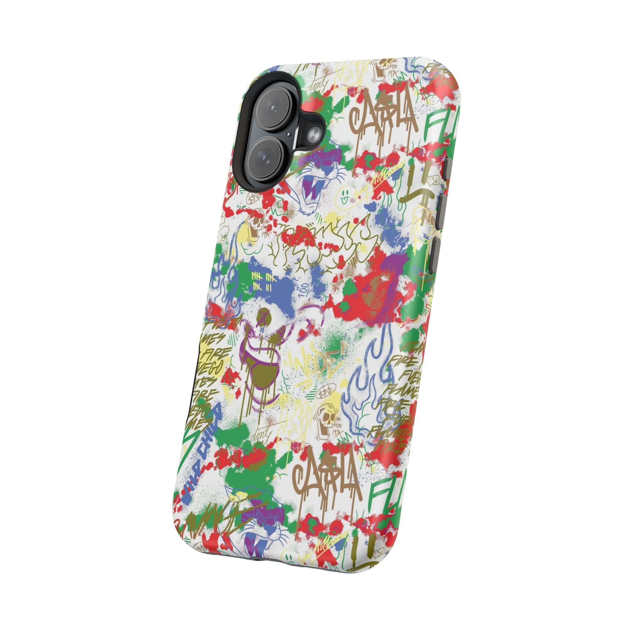 Colorful graffiti phone case showcasing street art design, perfect cute phone cover for iPhone lovers.