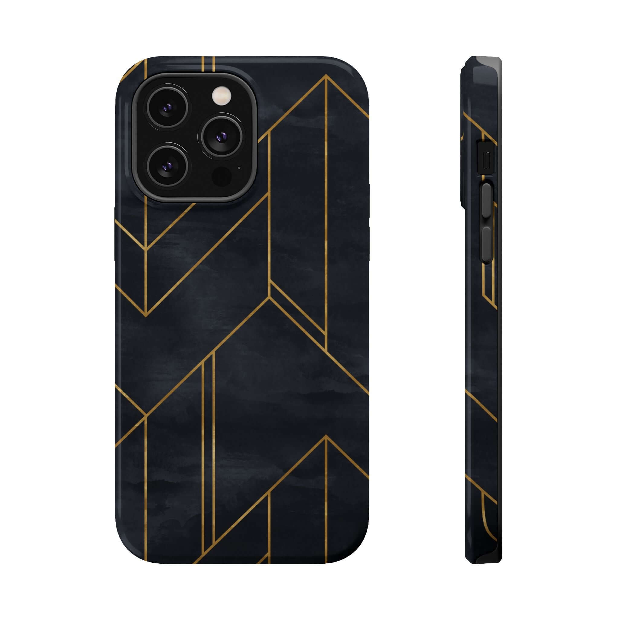 Urban Vibe modern geometric black iPhone case with gold abstract design, colorful and cute phone cover, trendy protection.