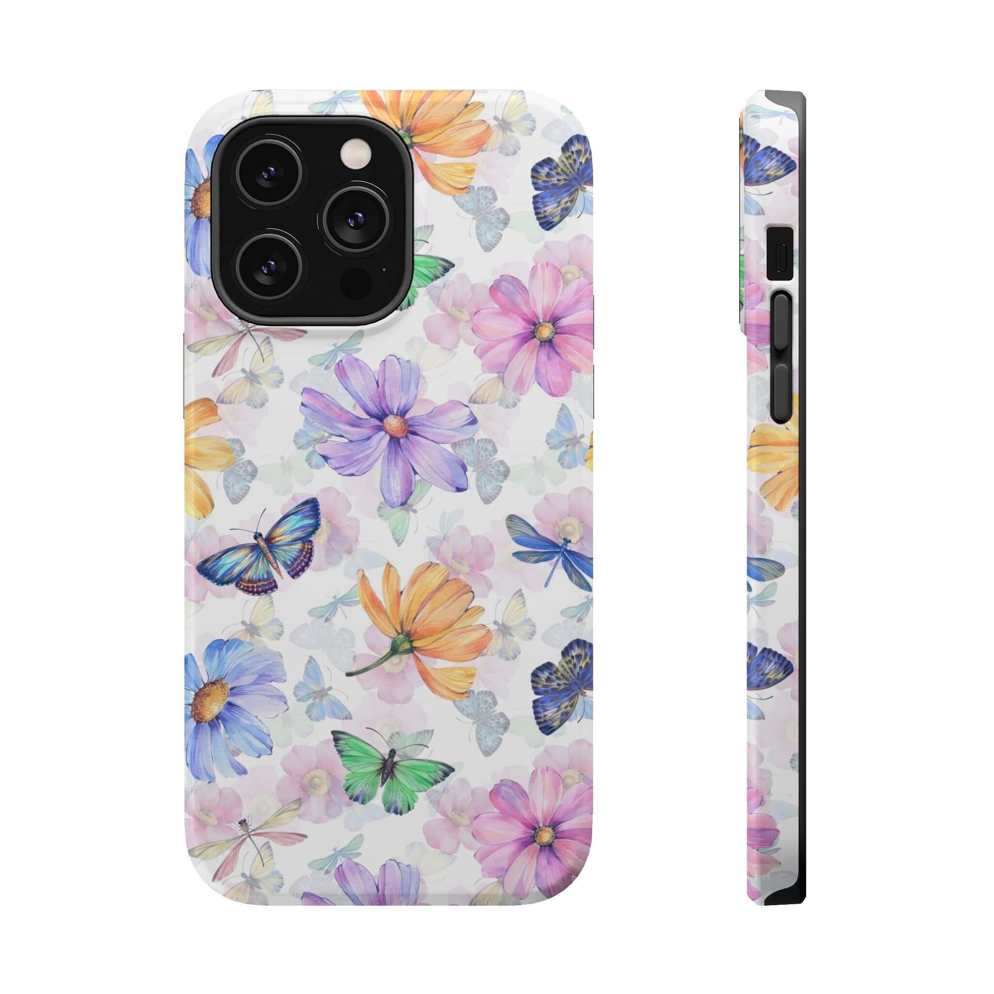 Fluttering Blooms Watercolor Butterfly Case for iPhone 16, Cute MagSafe Compatible Protective Phone Case with Butterfly and Flower Design