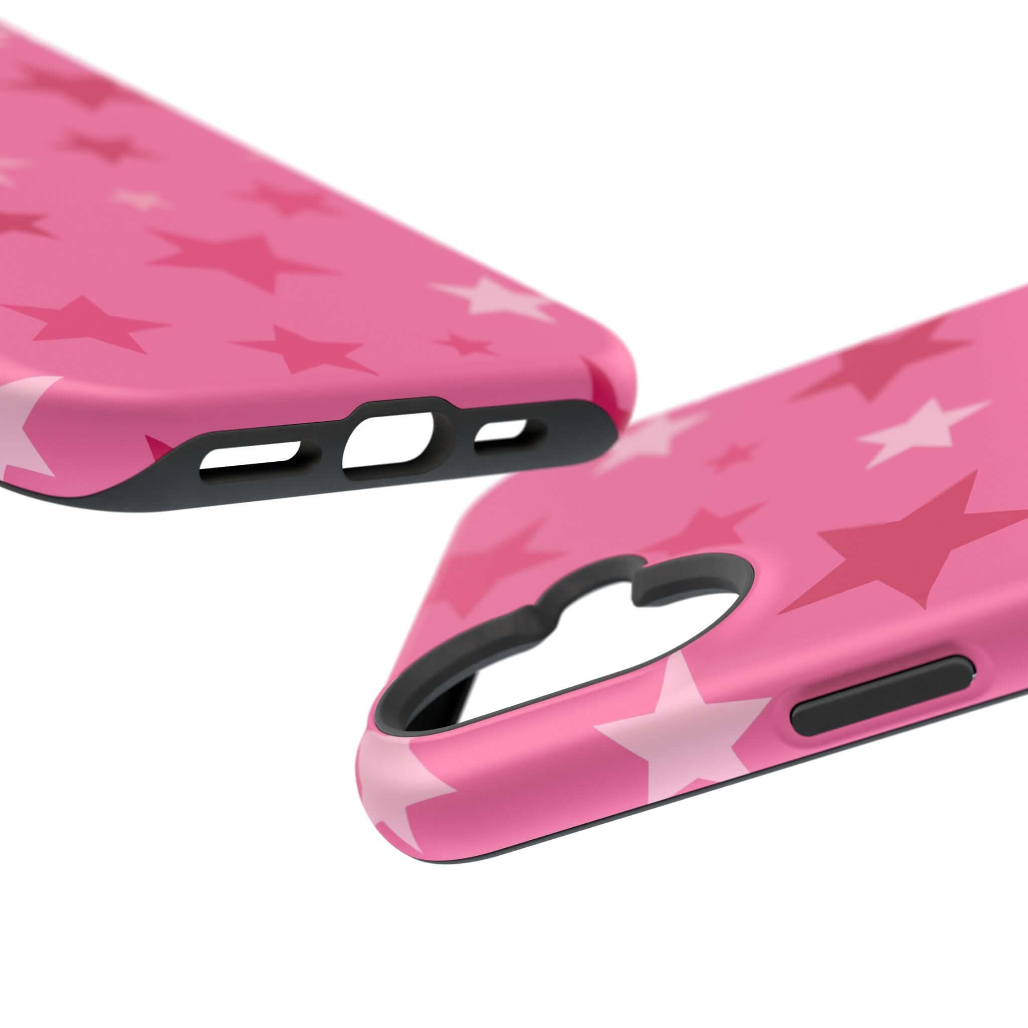 Close-up of the Starry Sweetheart pink star phone case, showcasing cute design and perfect fit for Apple iPhone.