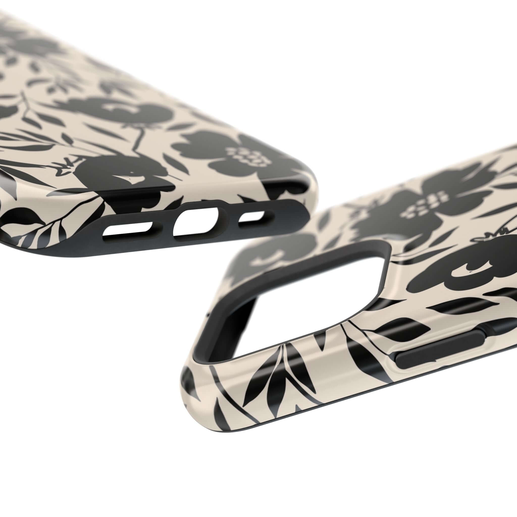 Black floral iPhone 16 case with bold cute design, Eclipse Garden collection, perfect accessory for adventurous spirit.