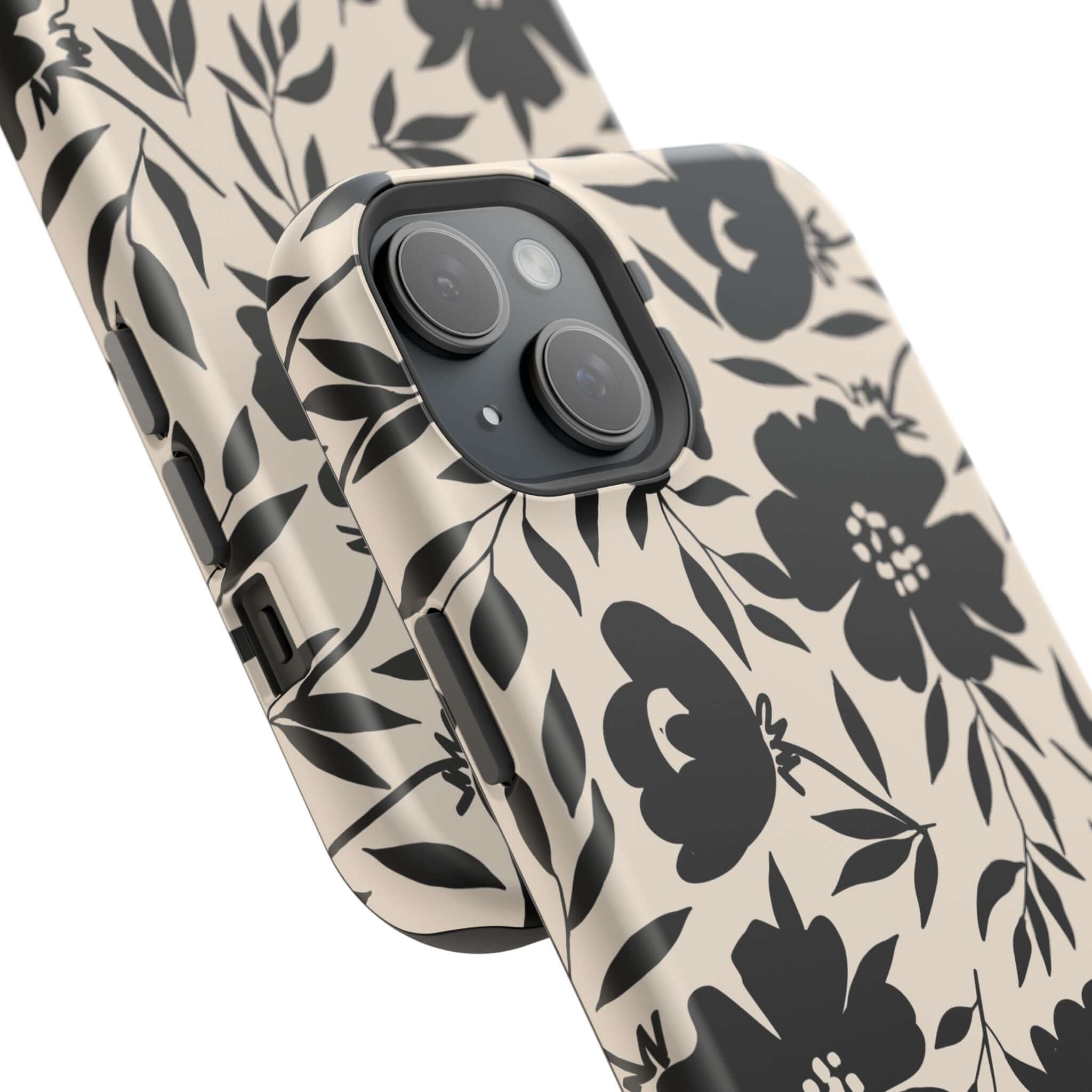 Black floral Eclipse Garden iPhone 16 case, a cute phone case with bold design, perfect for adding a touch of fantasy to your style.