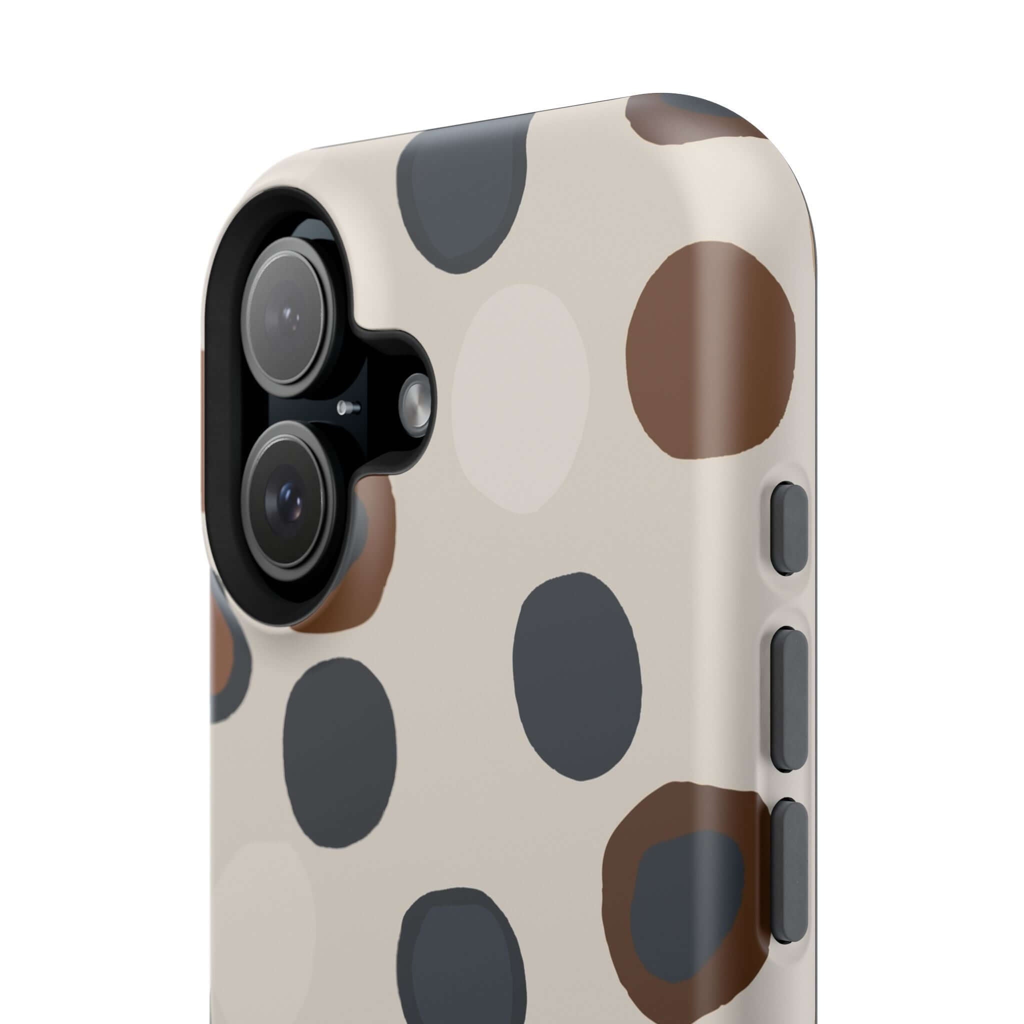 Chic Wanderer Modern Spots Case with colorful brown and gray abstract design for iPhone, a cute and stylish MagSafe phone accessory.