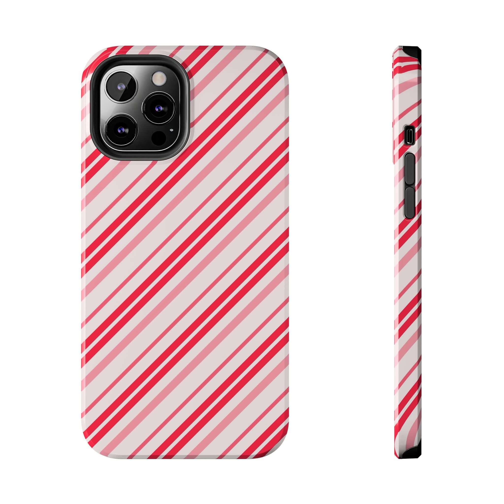 Festive striped iPhone case with red and white candy cane design, perfect for holiday style and gift ideas.