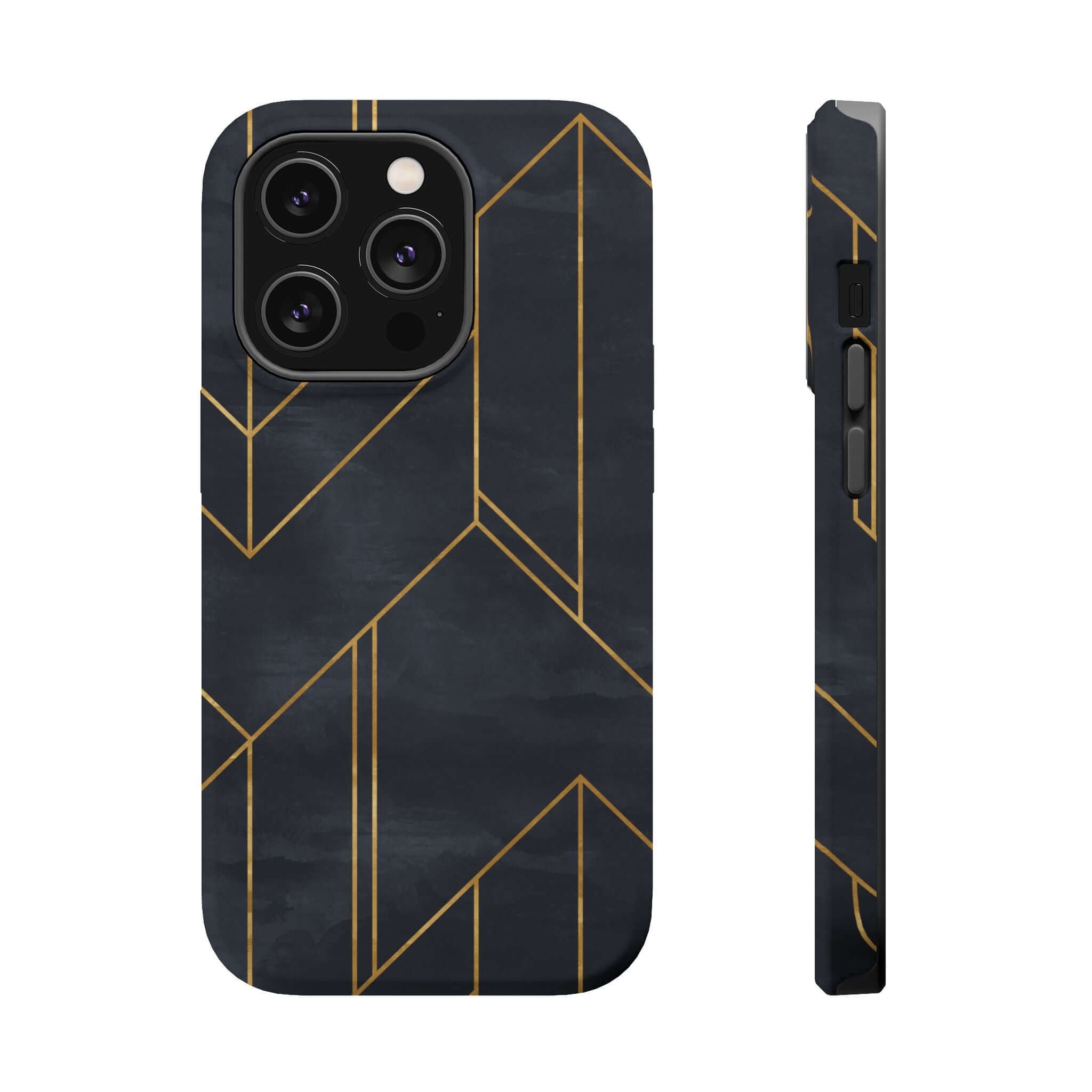 Urban Vibe Modern Geometric Case for iPhone, sleek black with abstract gold lines, colorful and cute protective phone case.