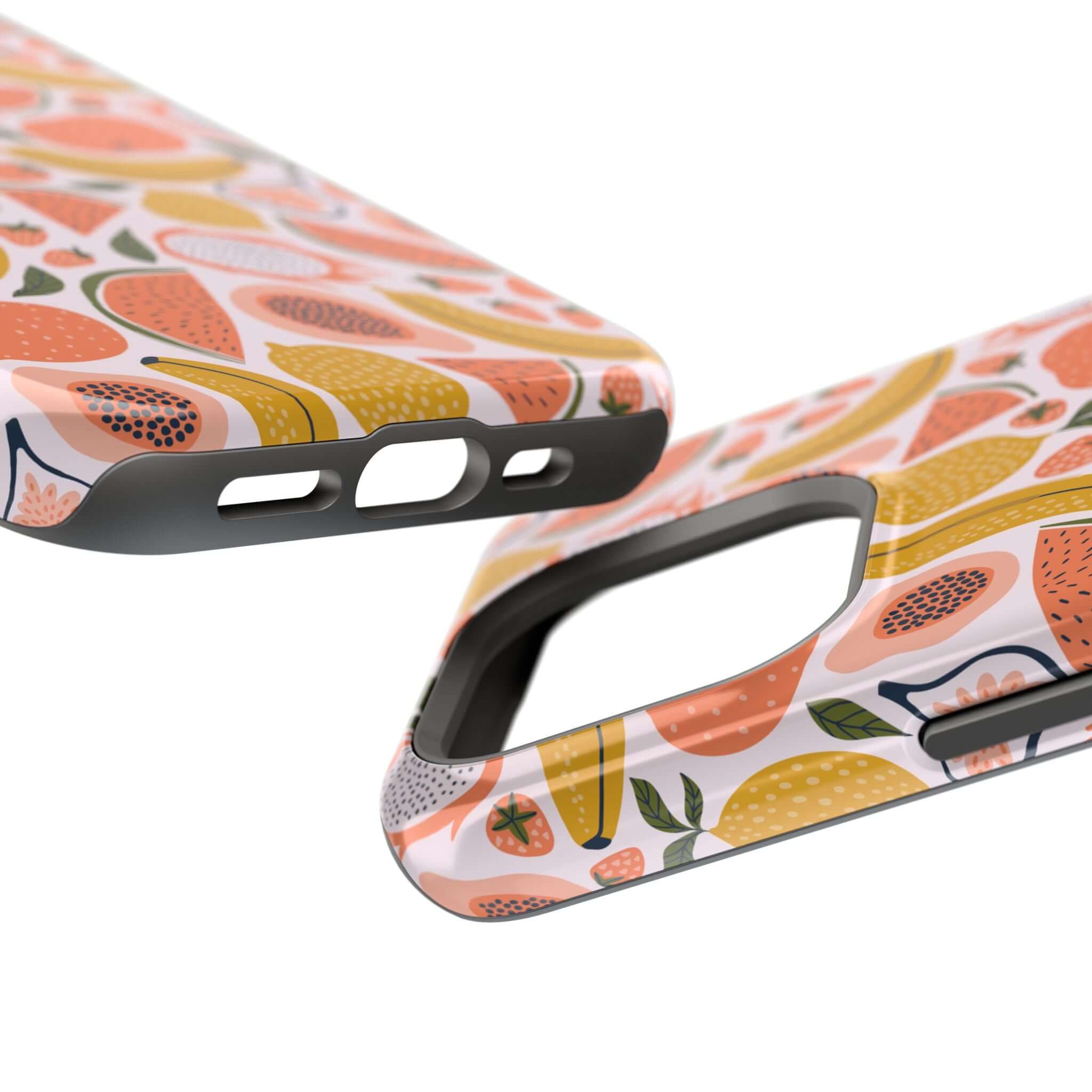 Close-up of cute iPhone 14 tropical fruit case with playful design and free shipping.