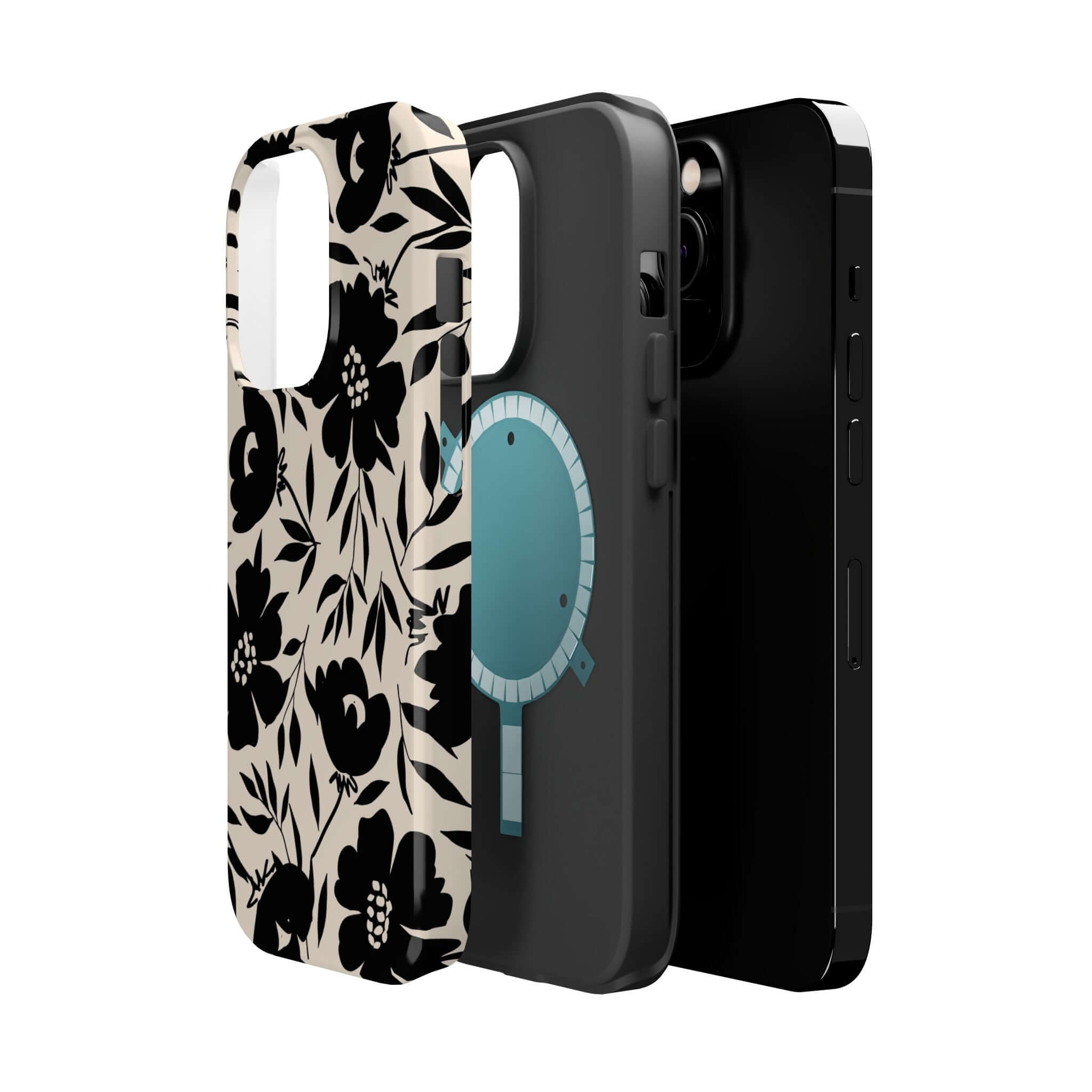 Eclipse Garden Black Floral Case for iPhone 16, featuring bold black flower design. Cute phone case for adventurous style.