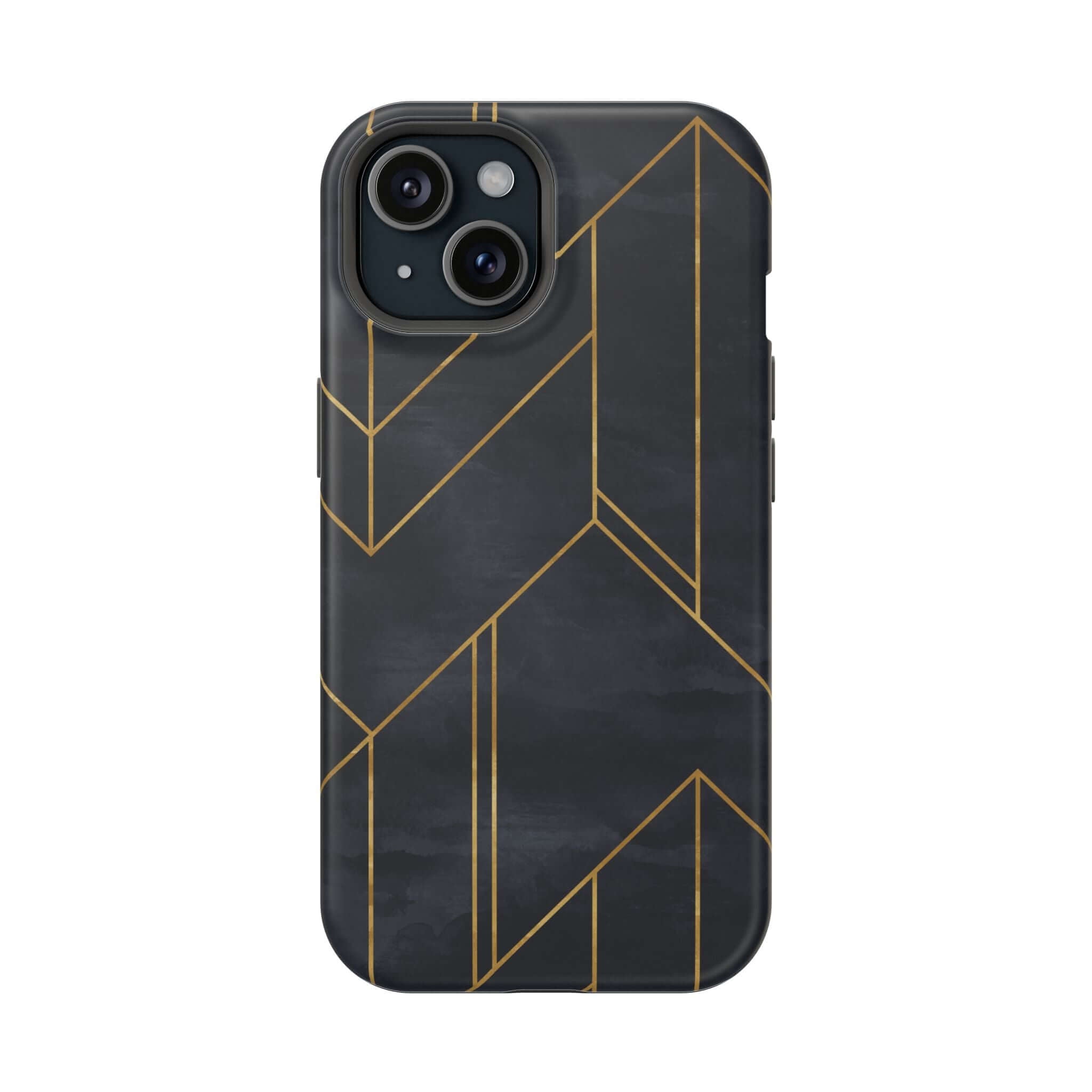 Black geometric iPhone case with modern abstract design, combining urban style and protection, ideal as a colorful and cute phone accessory.