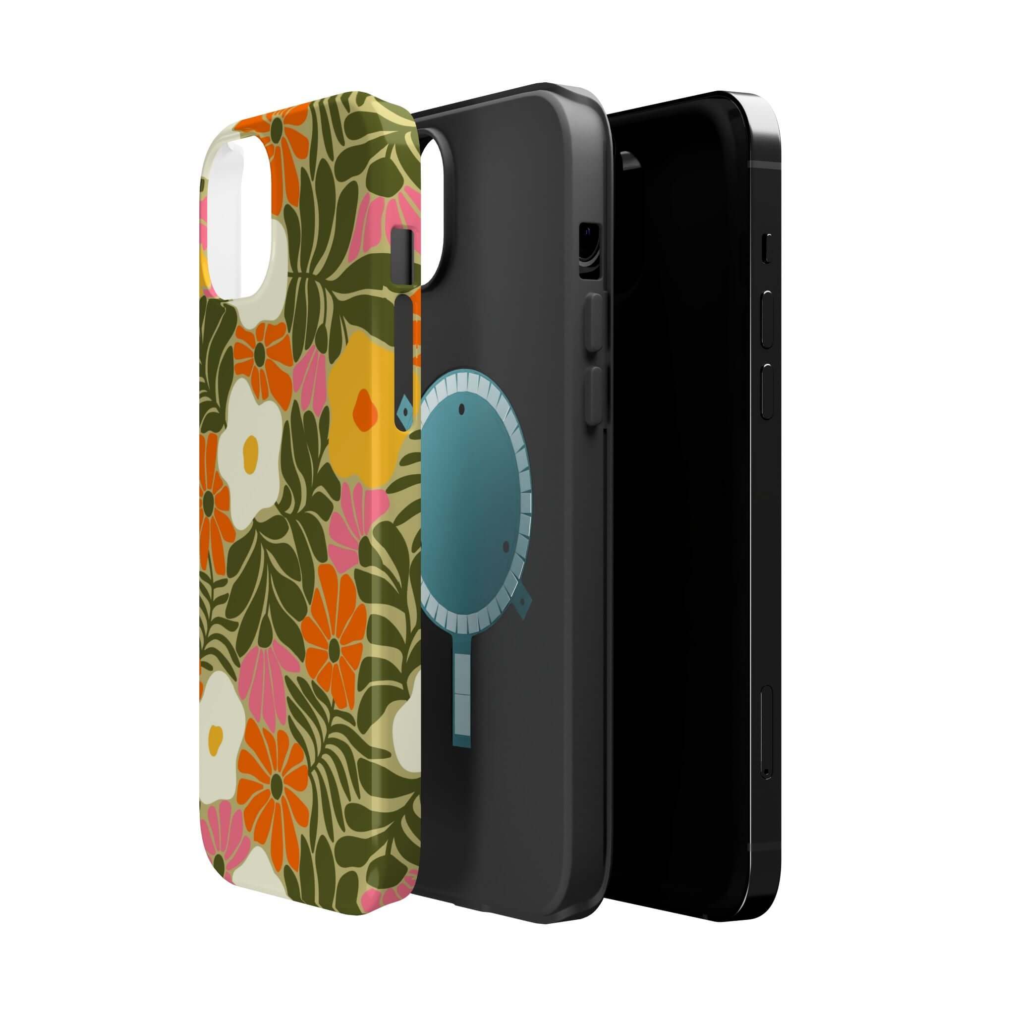 Retro floral phone case showcasing vibrant tropical flowers, perfect cute phone cover for Apple iPhone.