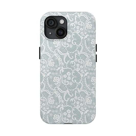 Cute teal lace iPhone case for iPhone 14 and iPhone 15 featuring delicate lace design and elegant look.