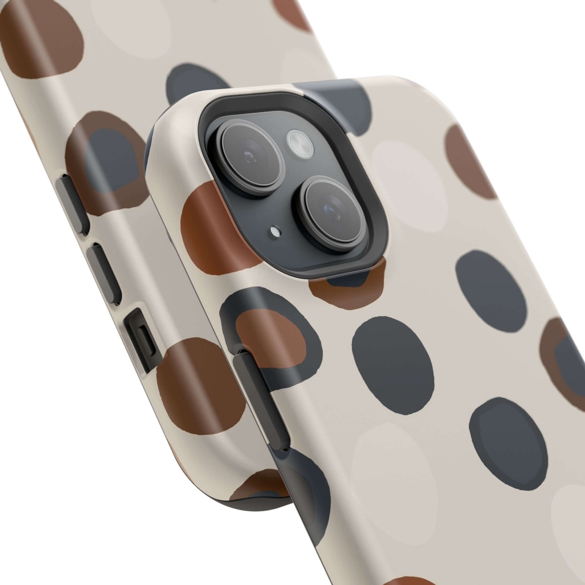 Chic Wanderer Modern Spots Case with brown and black abstract dots, a colorful and cute MagSafe iPhone case for trendy adventurers.