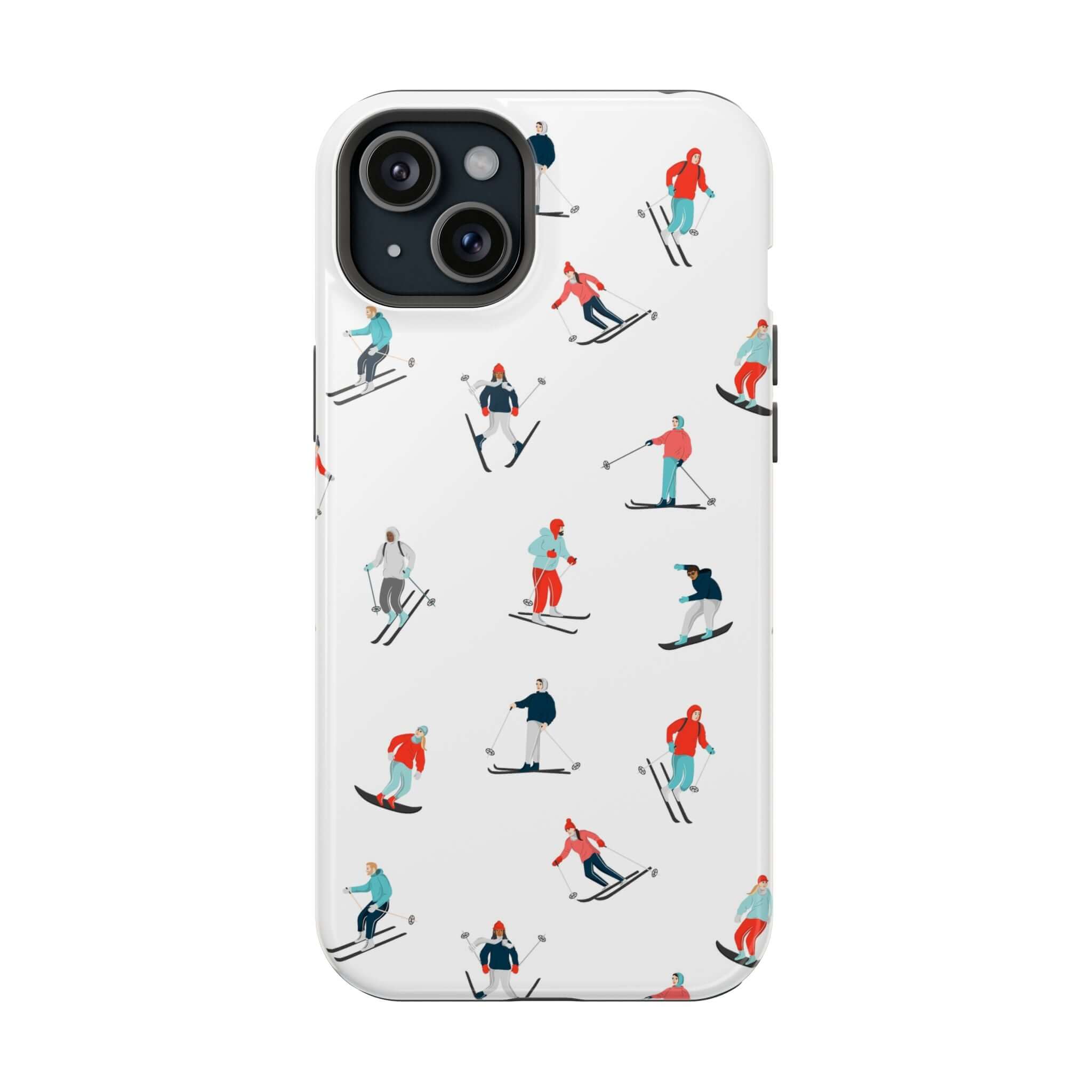 Cute phone cover featuring colorful skiers on a winter-themed phone case, perfect for iPhone lovers.