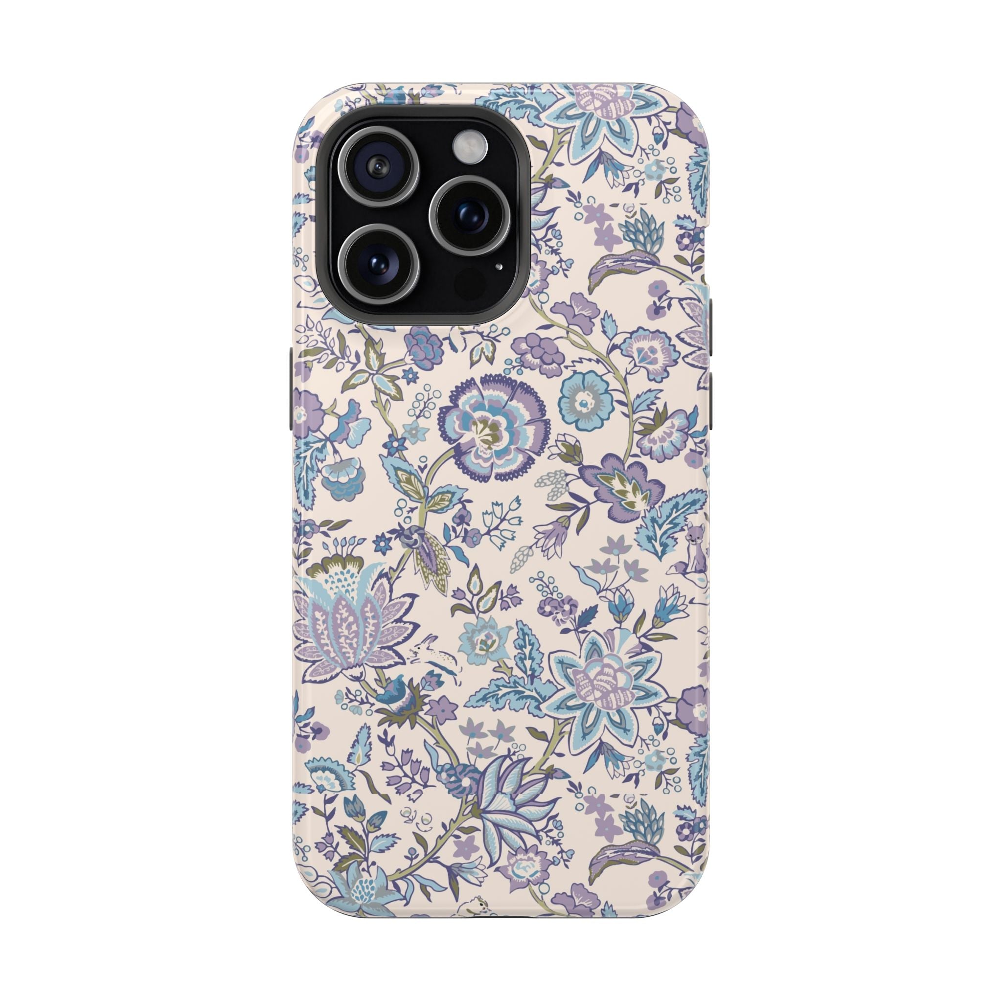 Blue CottageCore MagSafe iPhone case with whimsical floral design, perfect cute phone cover for nature lovers.