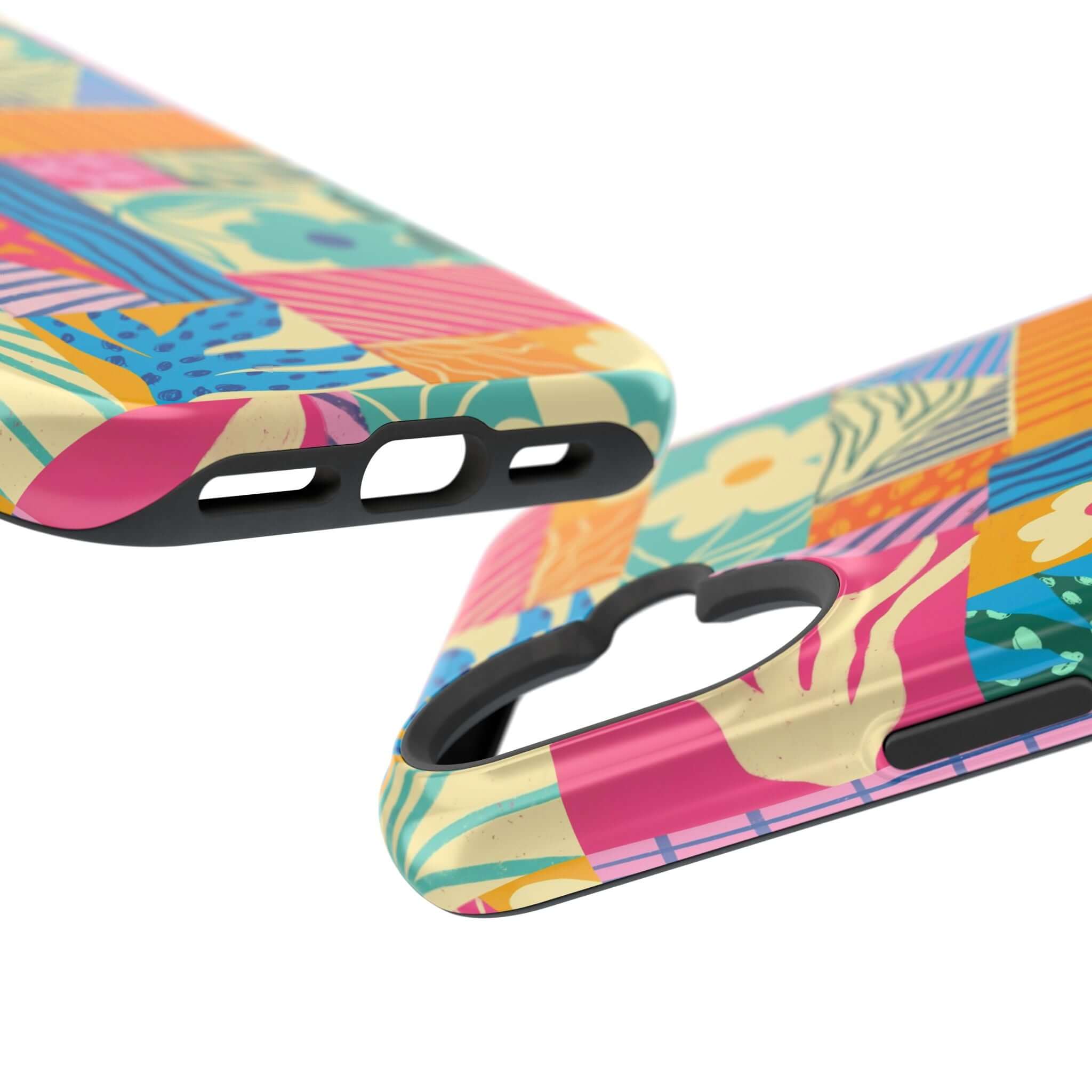 Colorful patchwork phone case for iPhone 16, featuring a vibrant design perfect for beach lovers and playful styles.