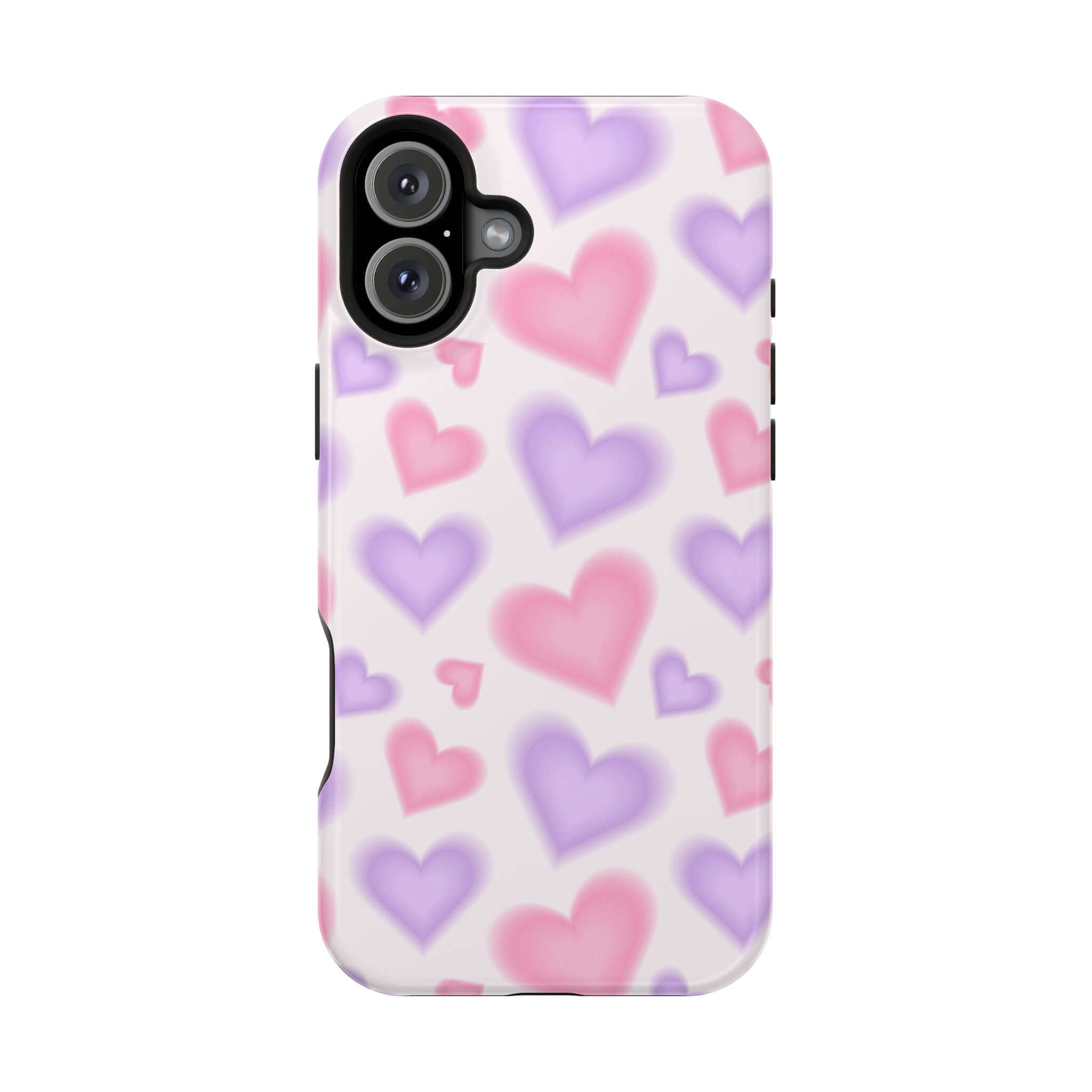 Cute phone cover featuring blurred pink and purple hearts, perfect for protecting your Apple iPhone in style.