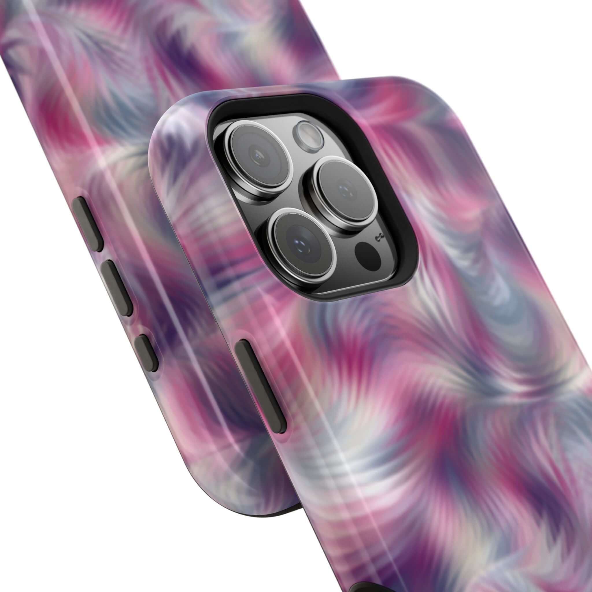 Purple abstract MagSafe iPhone case with cute tie dye swirl design, adding a quirky touch to your phone cover.