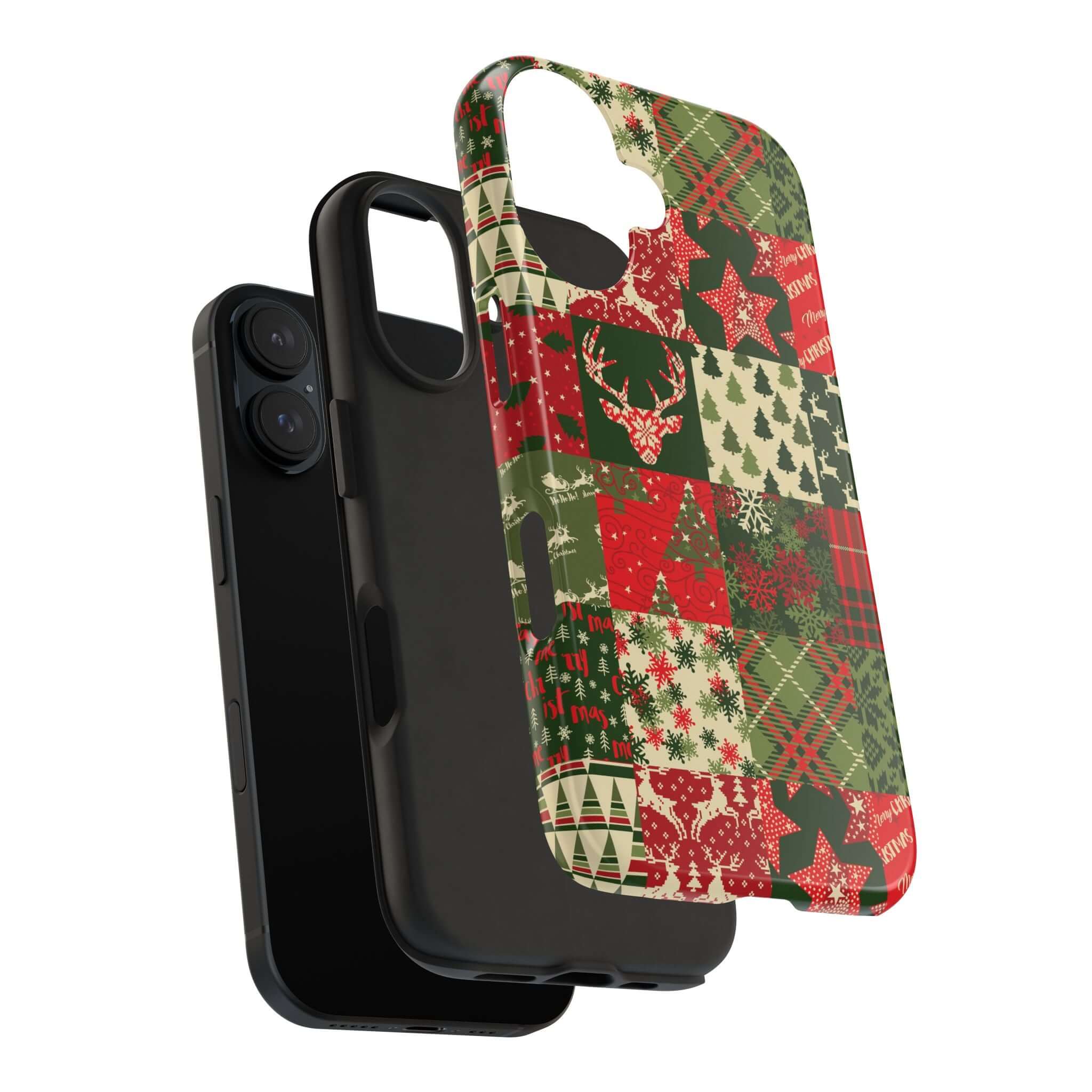 Festive green holiday phone case with Christmas trees, deer, and stars pattern, perfect for cute and custom iPhone case designs.