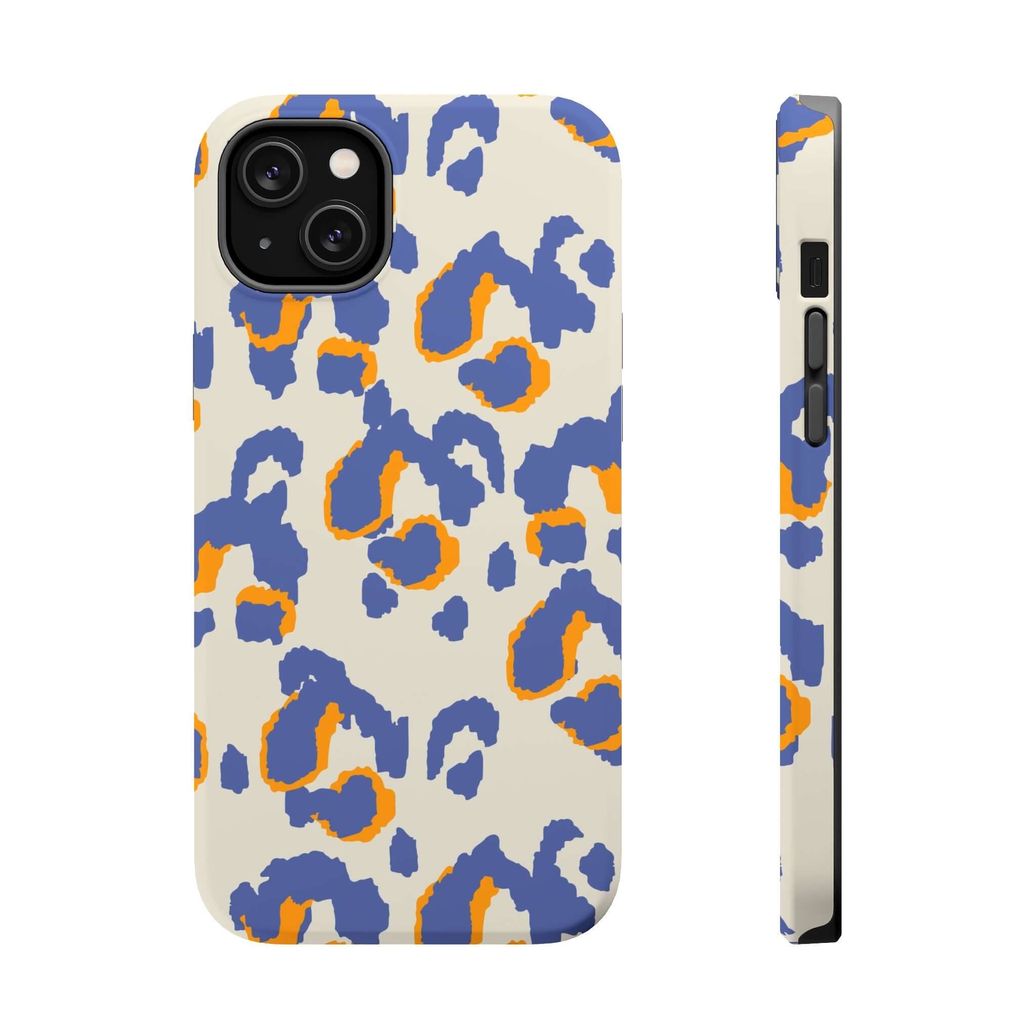 Colorful iPhone case with abstract blue and orange leopard print, MagSafe compatible, cute design for a unique phone accessory.