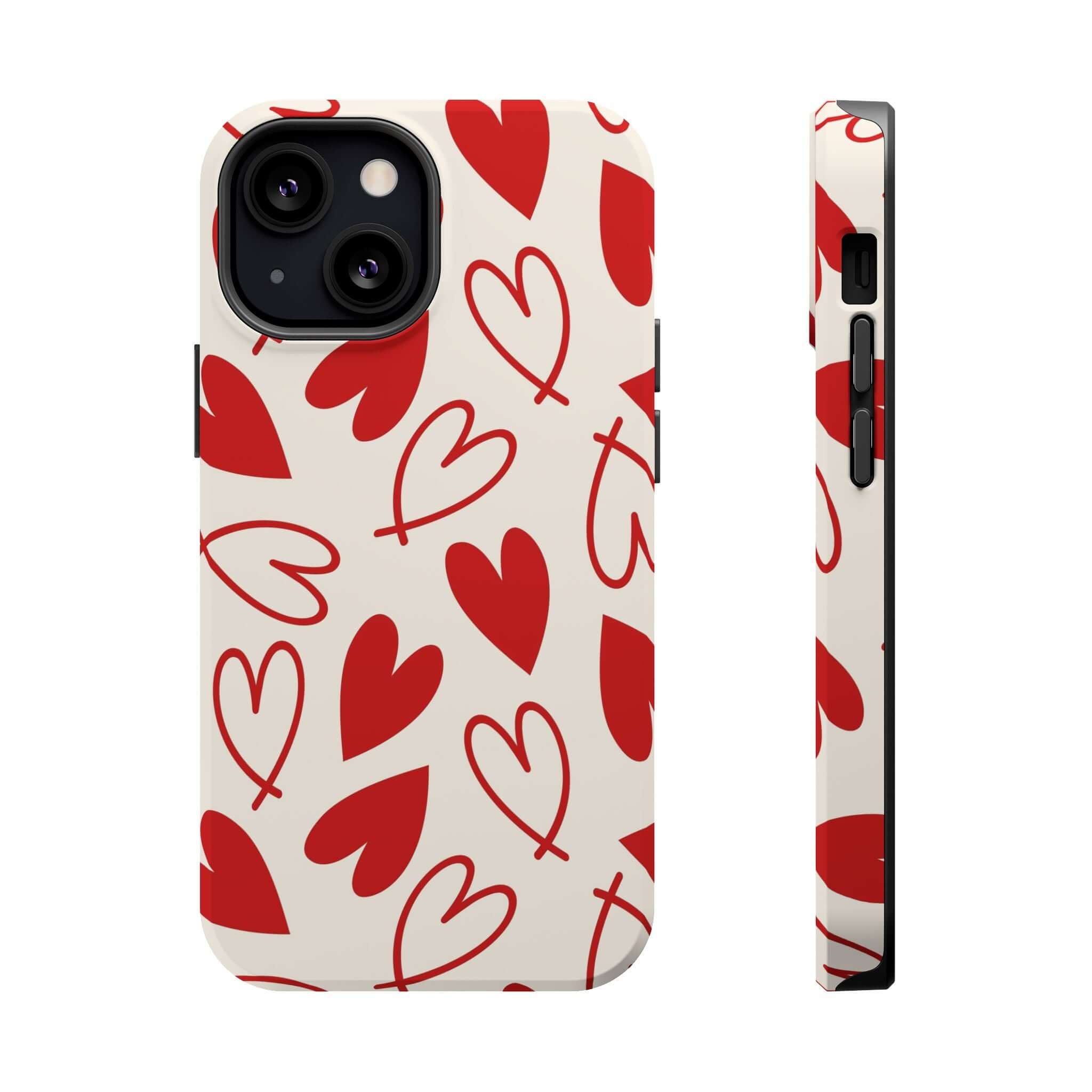 Cute phone case with red hearts design for iPhone, Be Mine series, playful and protective cover.