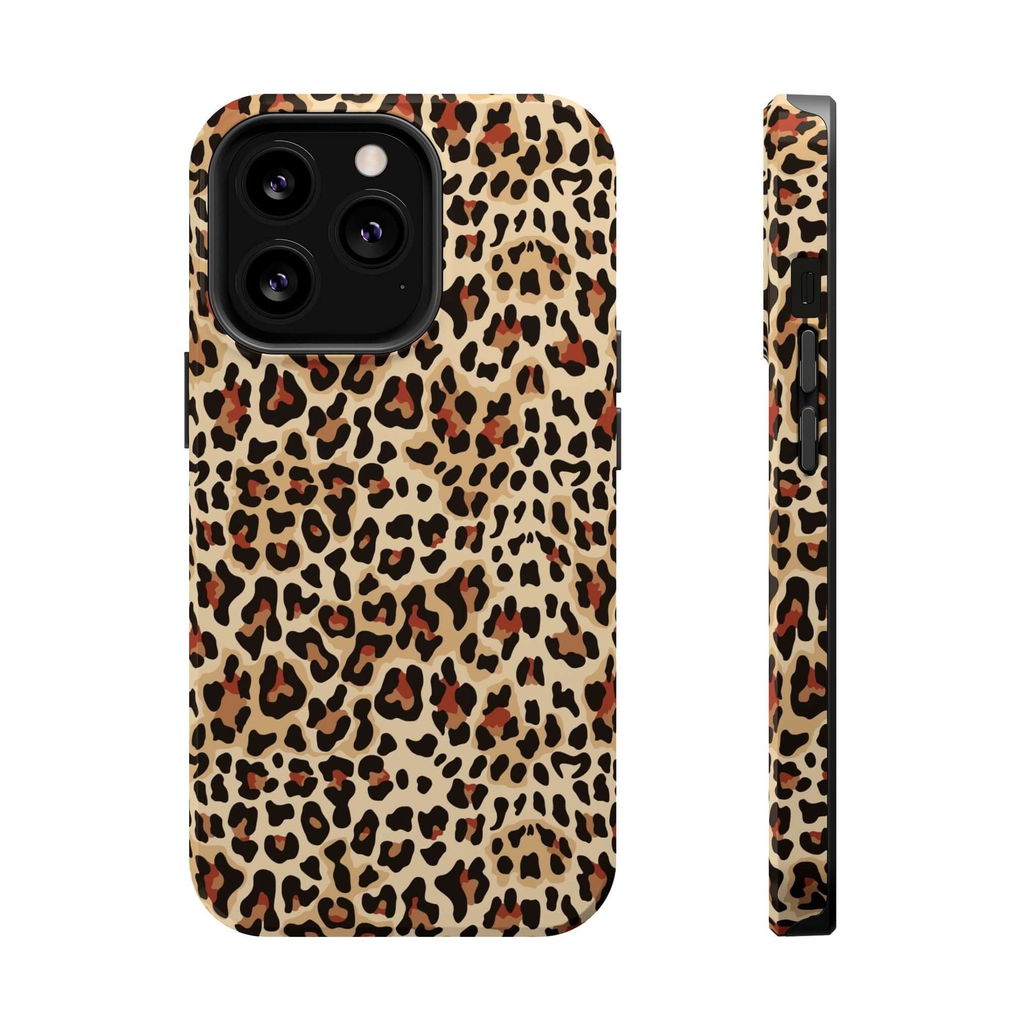 Wildly Chic leopard print iPhone case with colorful abstract design, featuring a cute and stylish MagSafe-compatible phone cover.