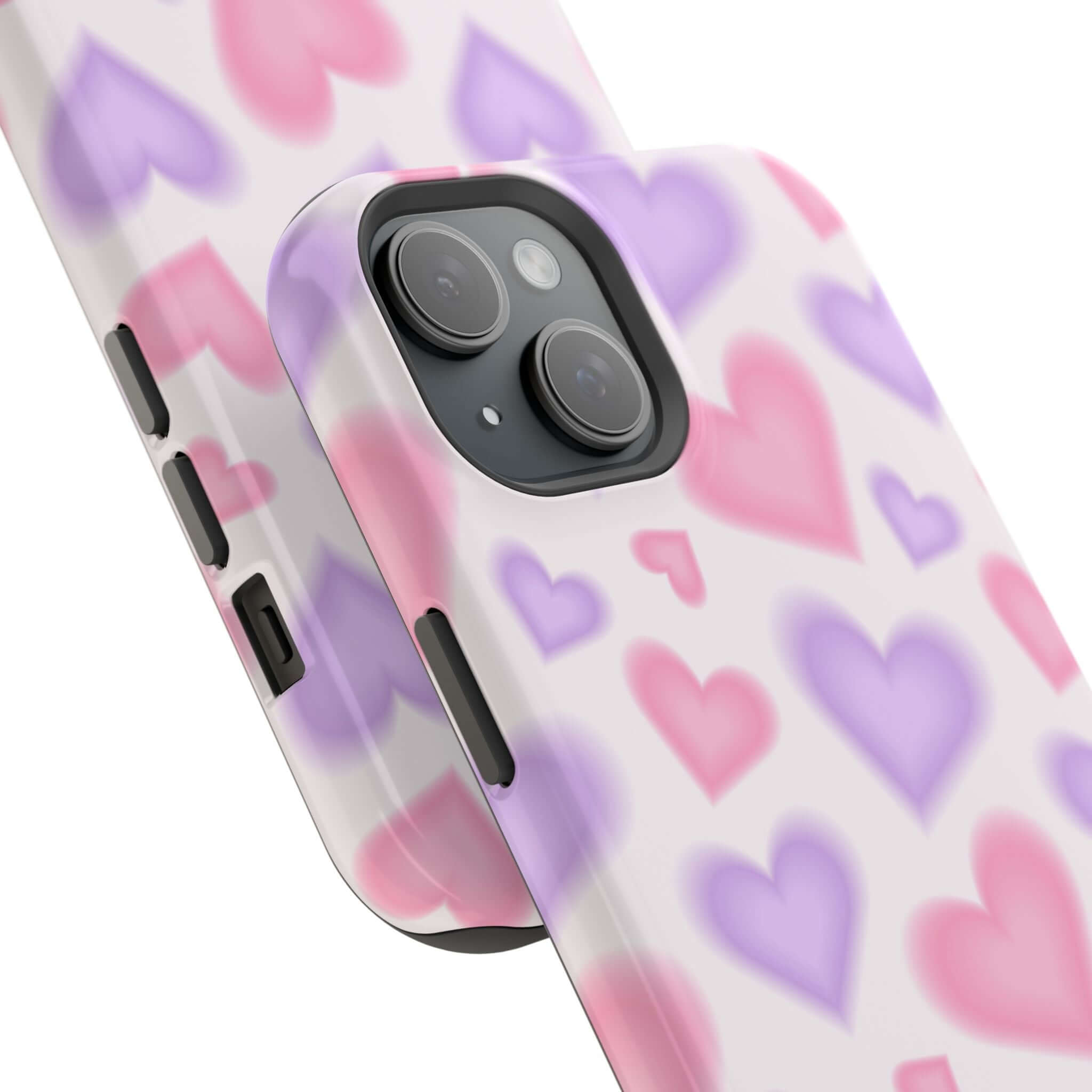 Cute phone cover with blurred pink and purple hearts design, perfect for Apple iPhone protection and style.