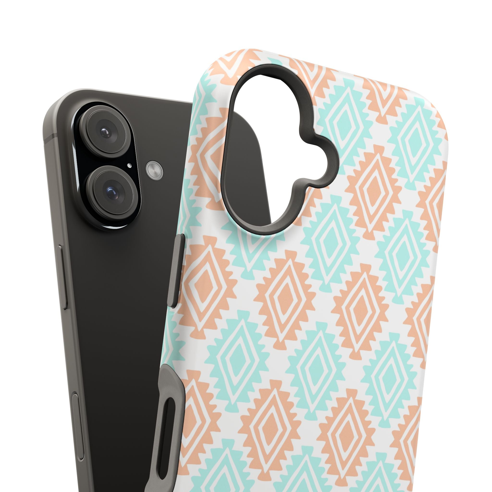 Southwestern patterned MagSafe iPhone case with an abstract design featuring blue and brown shapes, perfect for a cute phone cover.