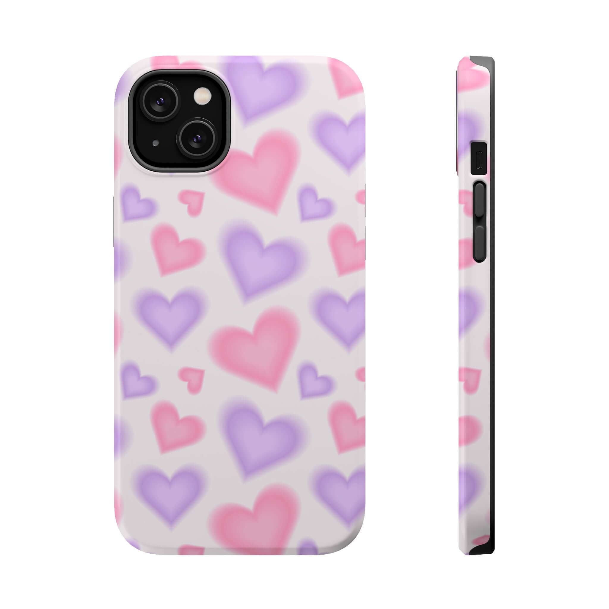 Cute phone cover featuring pink and purple hearts, perfect for Apple iPhone with MagSafe technology.