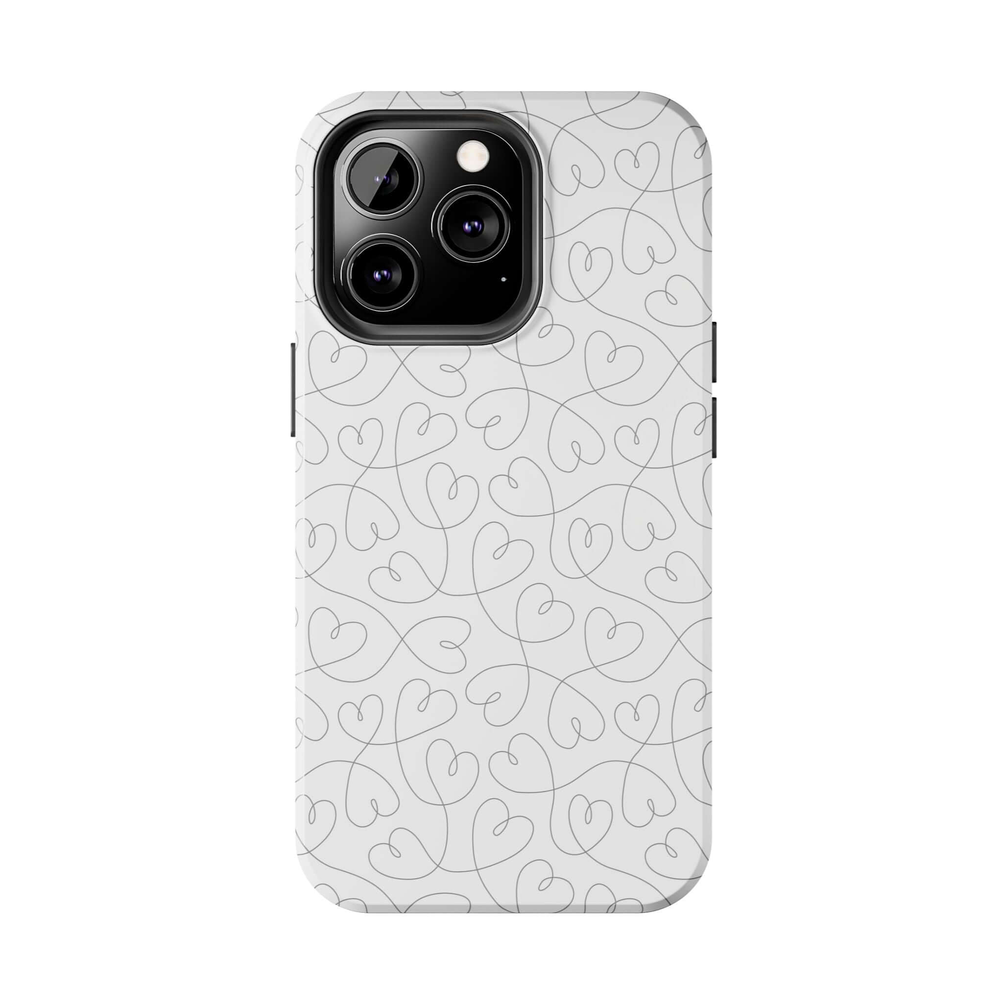 iPhone 14 Pro Max Silver Hearts Romance phone case with abstract hearts design, perfect for brides and weddings. Cute phone case for iPhone.