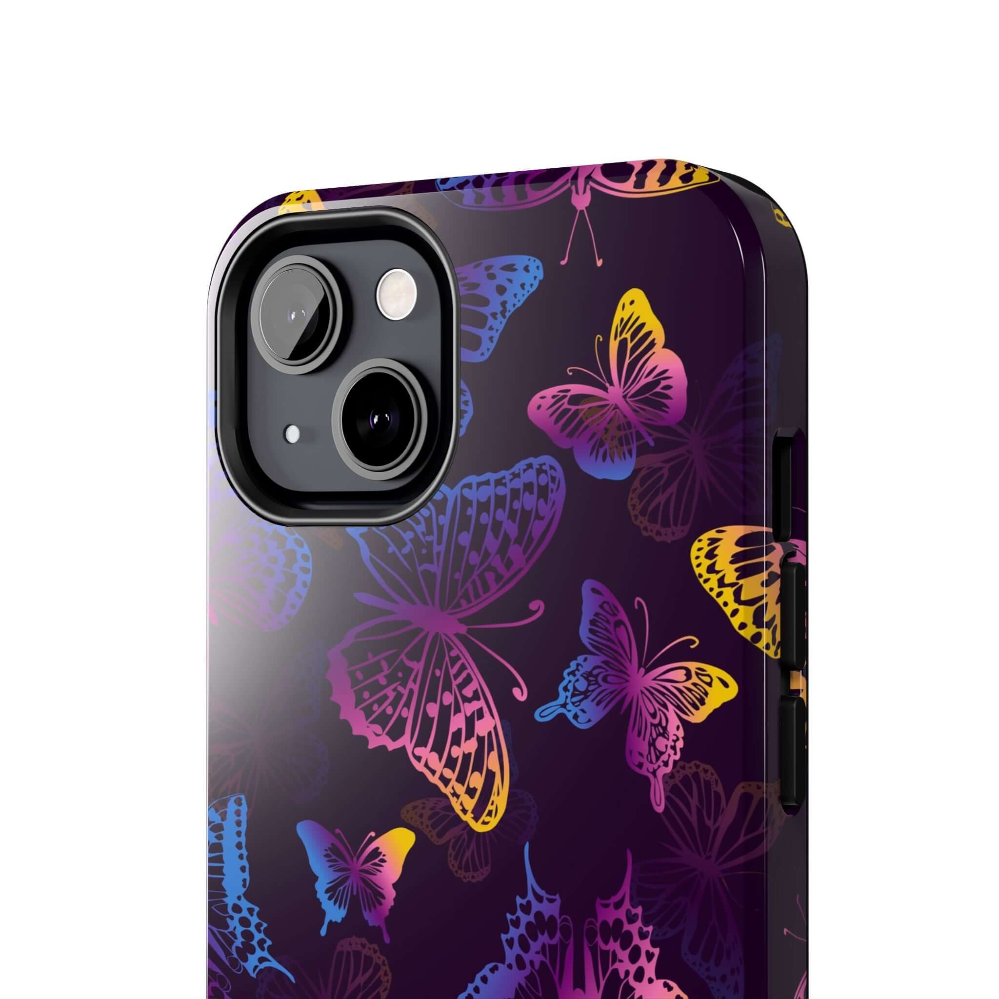 Midnight Flutter MagSafe iPhone case with vibrant black butterfly design, perfect for a cute, bold, floral phone cover accessory.