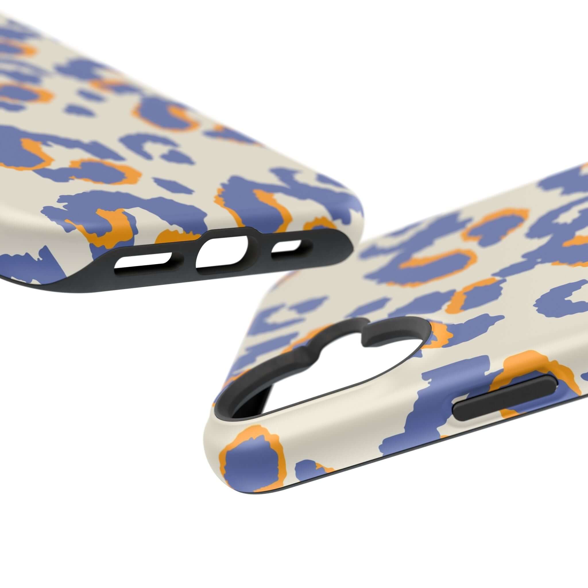 Colorful iPhone case with blue leopard print, Safari Blaze MagSafe design featuring abstract orange accents, cute and functional phone protection.