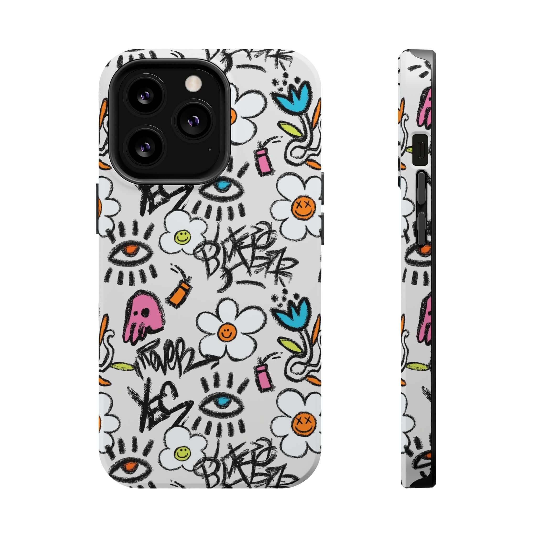 Cute Phone Cover featuring vibrant floral graffiti design for iPhone, showcasing playful colors and artistic flair.