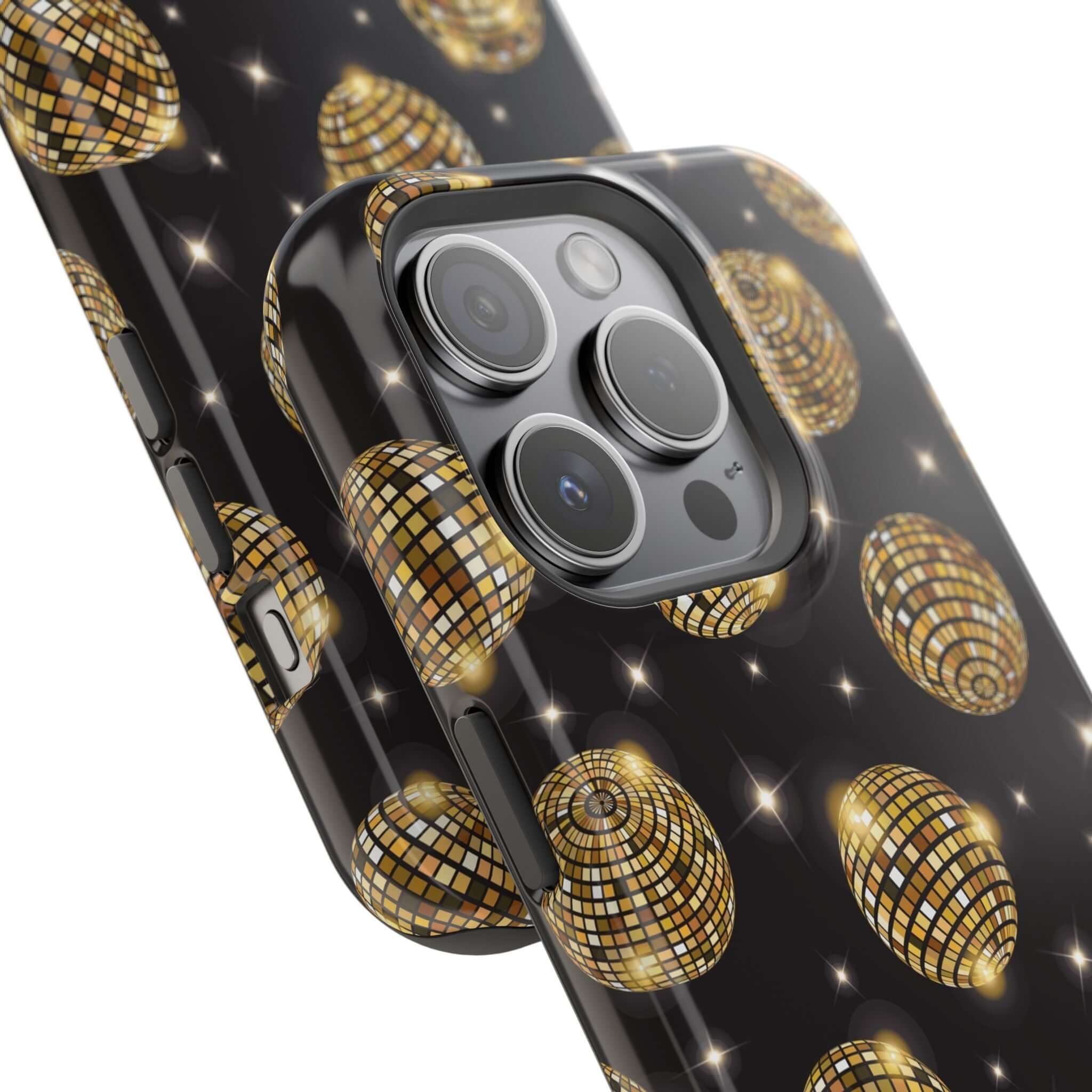 Cute iPhone 14 case with gold disco ball design, perfect phone cover for boogie nights, free shipping included.