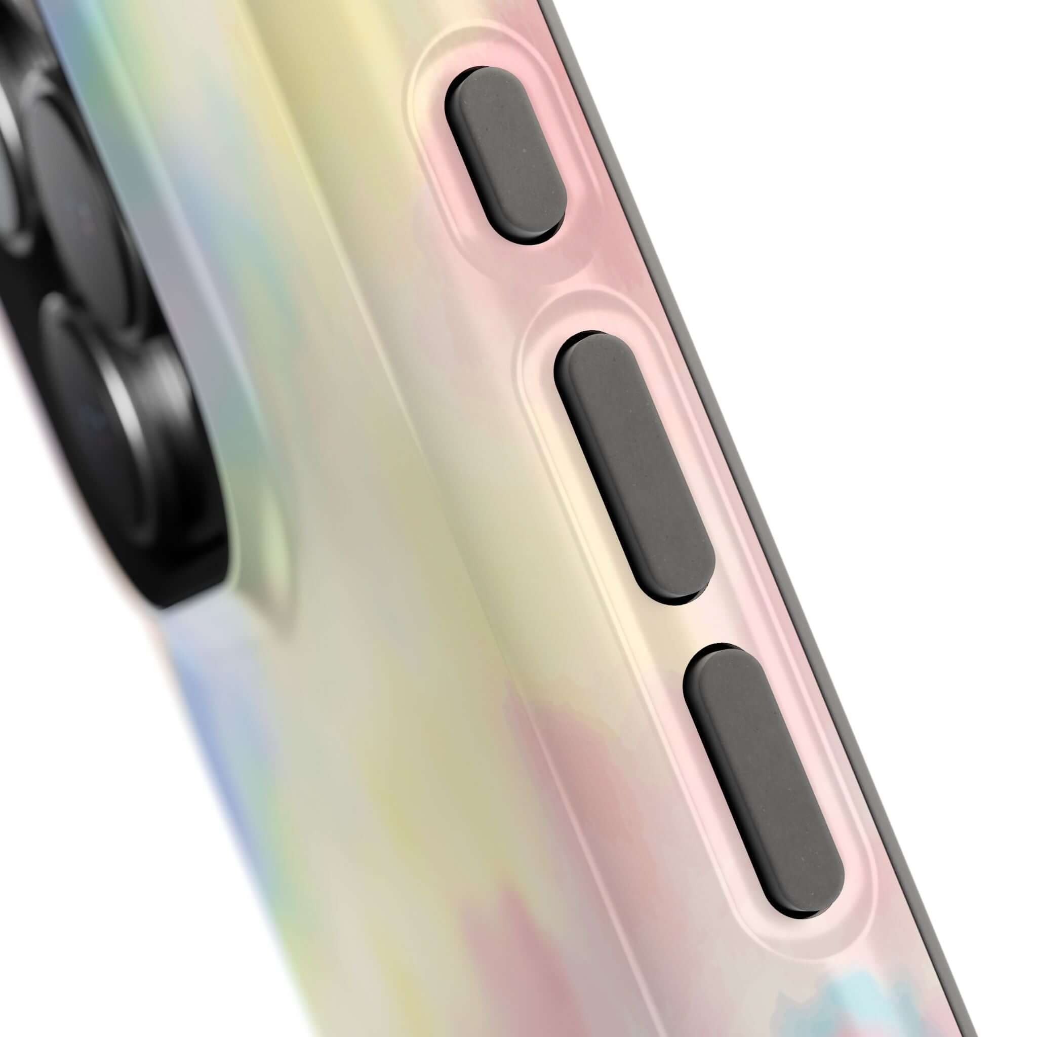 Pastel tie dye Unicorn Dreams iPhone case with MagSafe, featuring vibrant colors and sleek button design. Cute phone case option.