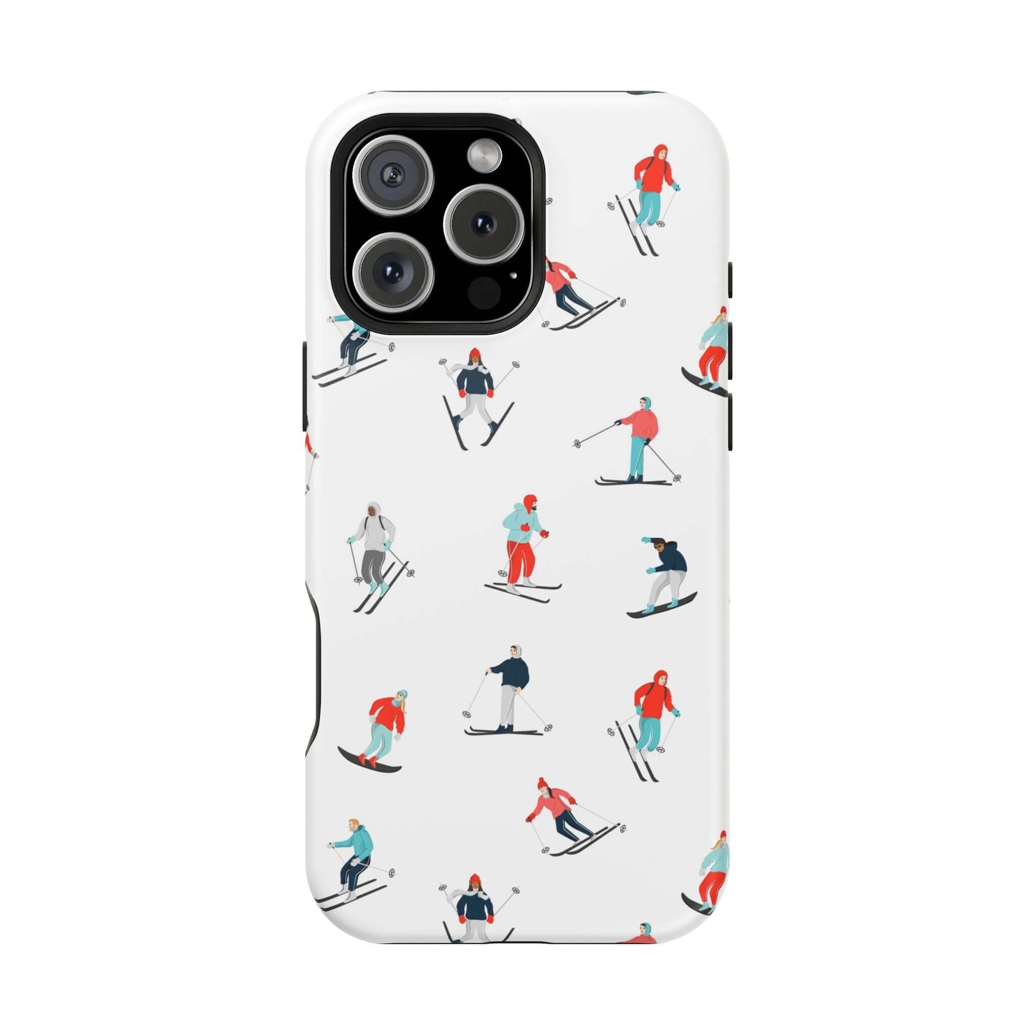 Cute phone cover featuring skiers on a snowy backdrop, perfect phone case for winter sports lovers.