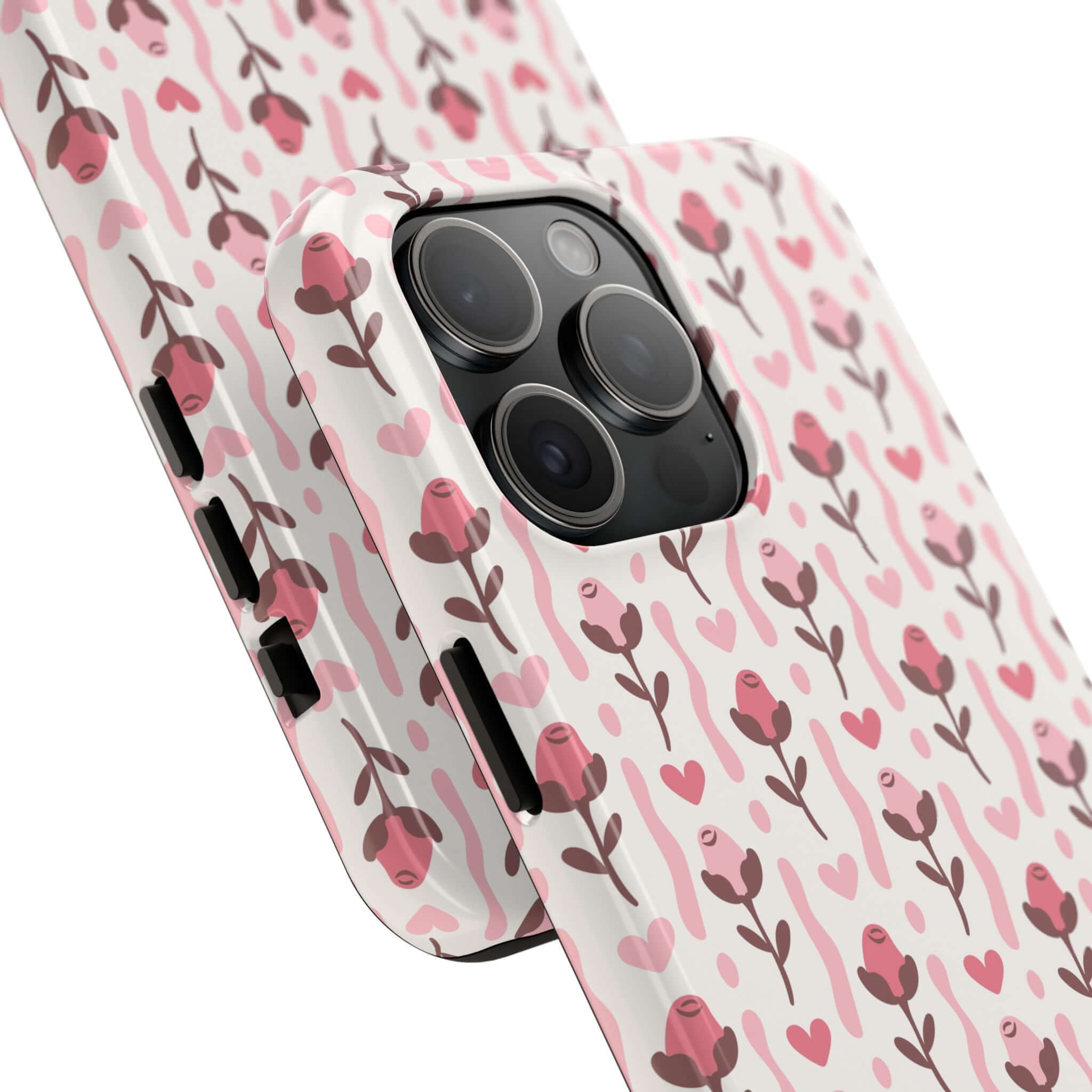 Cute iPhone case with red roses and heart patterns, perfect custom phone cover for iPhone, free shipping.