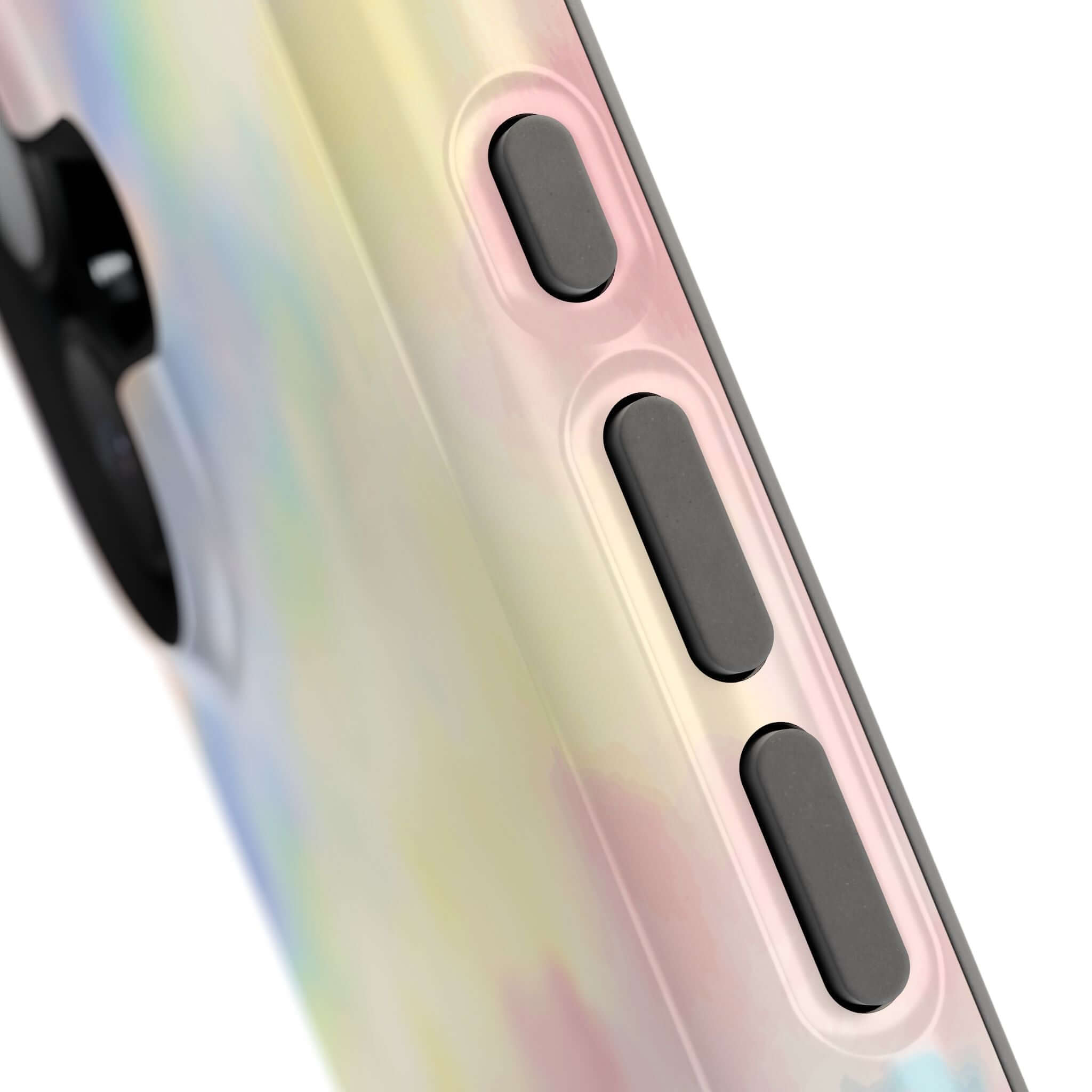 Pastel tie dye iPhone case with MagSafe, featuring a cute design and durable button covers. Perfect custom phone case accessory.